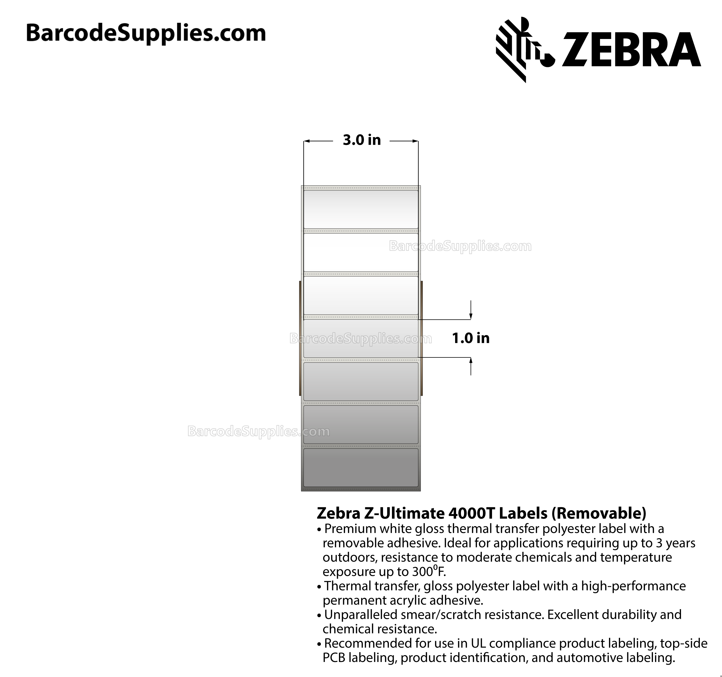 3 x 1 Thermal Transfer White Z-Ultimate 4000T Removable Labels With Removable Adhesive - Perforated - 3000 Labels Per Roll - Carton Of 1 Rolls - 3000 Labels Total - MPN: 10023150