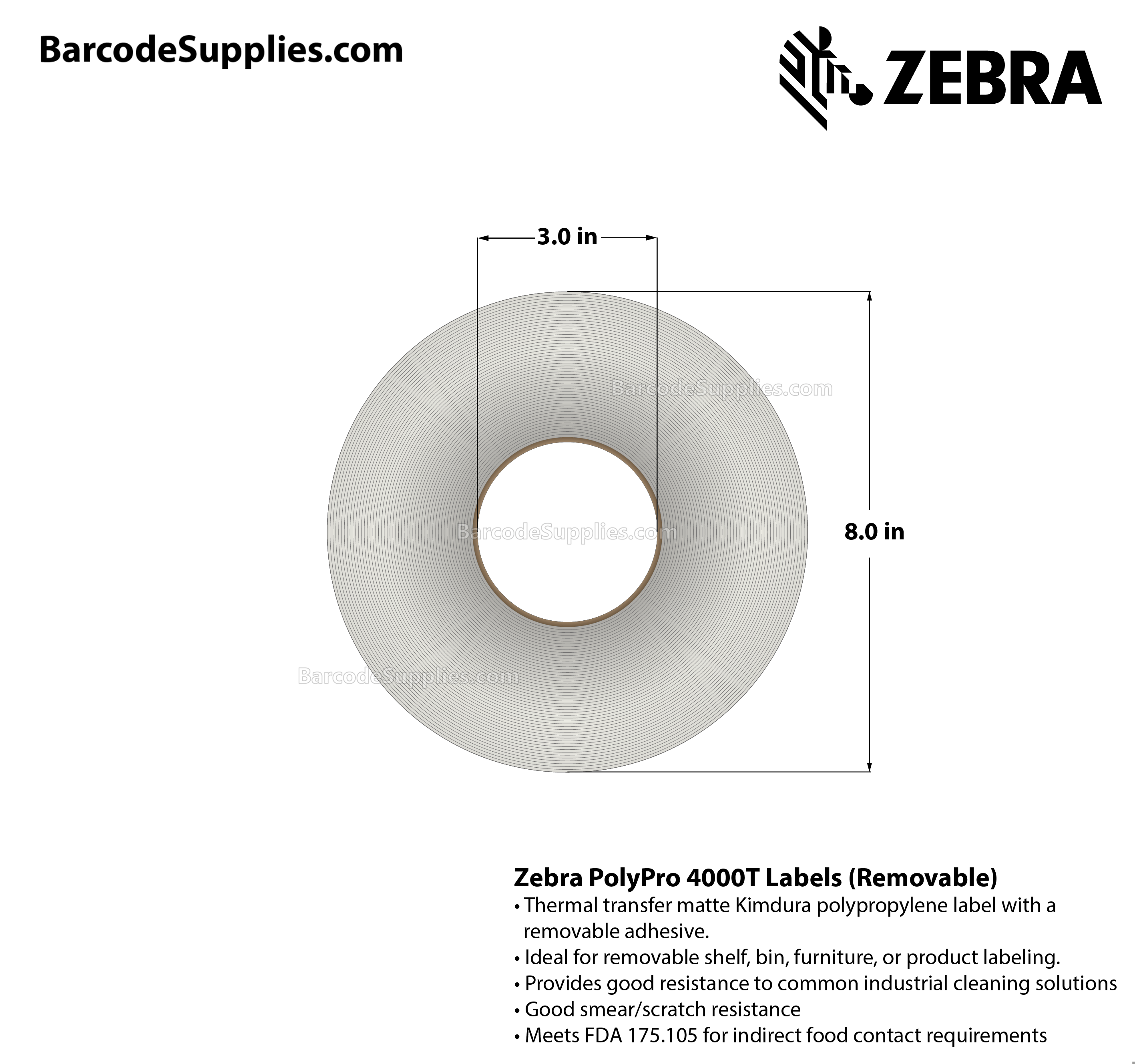 3 x 1 Thermal Transfer White PolyPro 4000T Removable Labels With Removable Adhesive - Perforated - 3000 Labels Per Roll - Carton Of 1 Rolls - 3000 Labels Total - MPN: 10022936