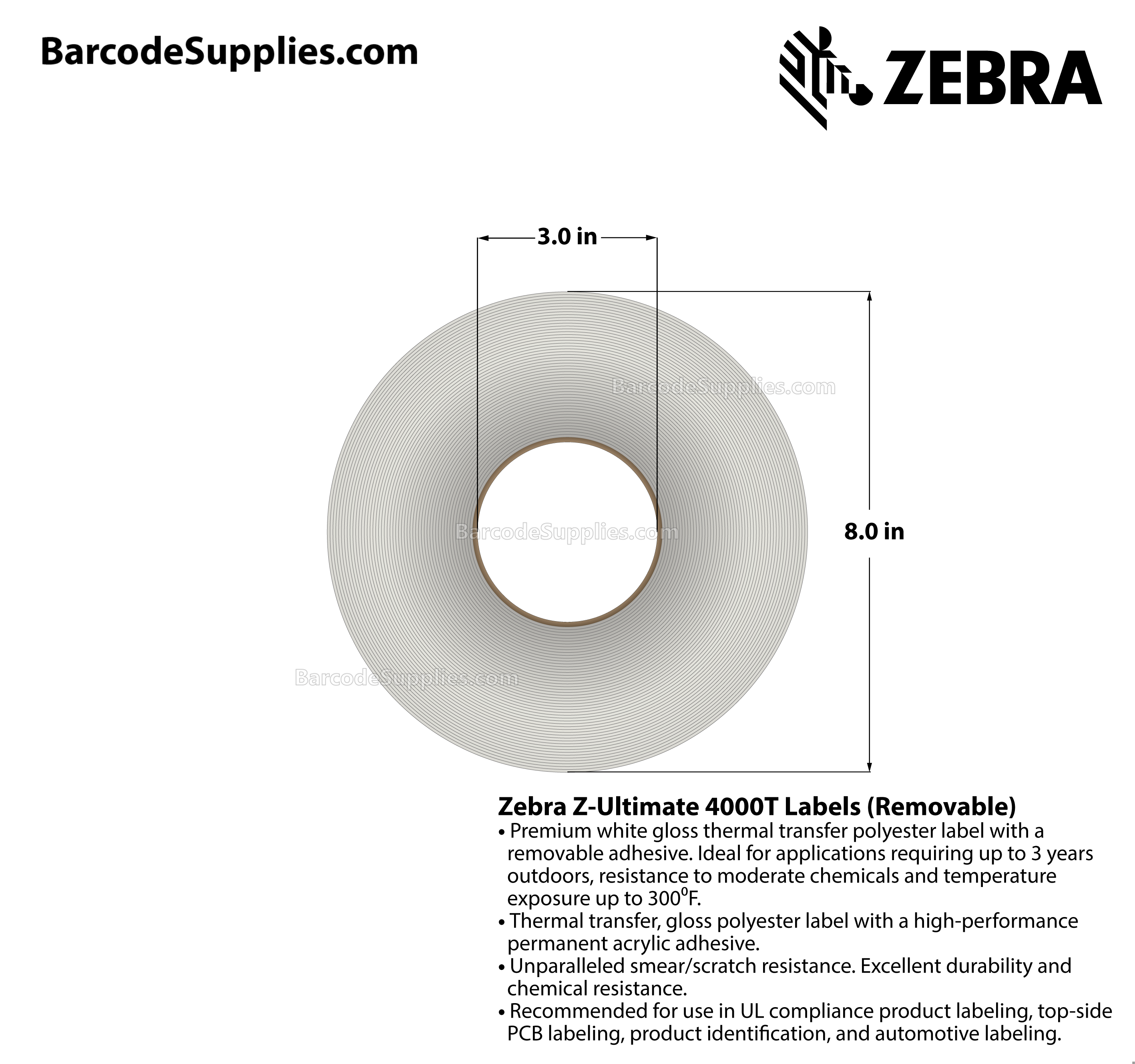 3 x 1 Thermal Transfer White Z-Ultimate 4000T Removable Labels With Removable Adhesive - Perforated - 3000 Labels Per Roll - Carton Of 1 Rolls - 3000 Labels Total - MPN: 10023150