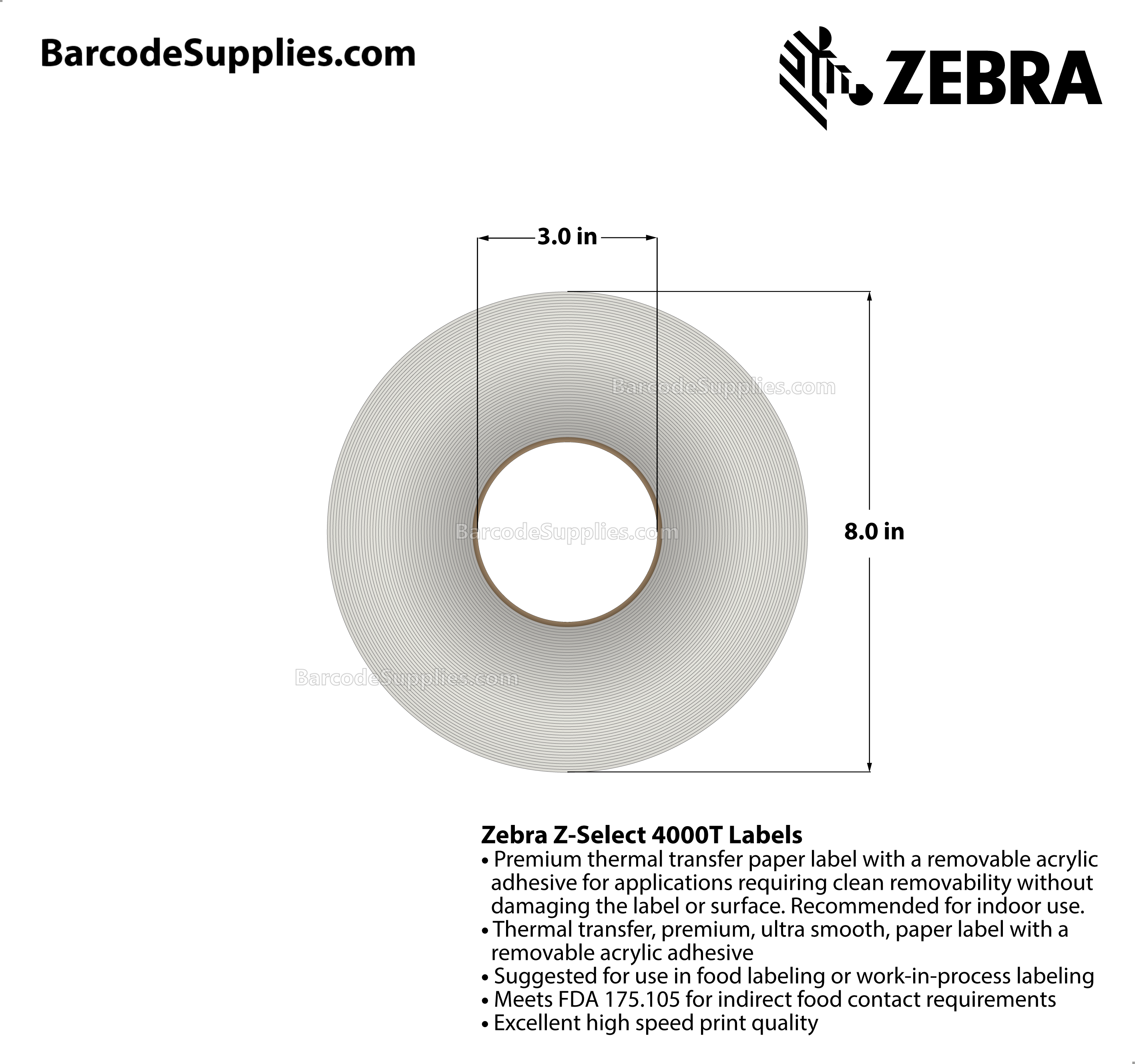 3 x 1 Thermal Transfer White Z-Select 4000T Removable Labels With Removable Adhesive - Perforated - 3000 Labels Per Roll - Carton Of 4 Rolls - 12000 Labels Total - MPN: 10022945