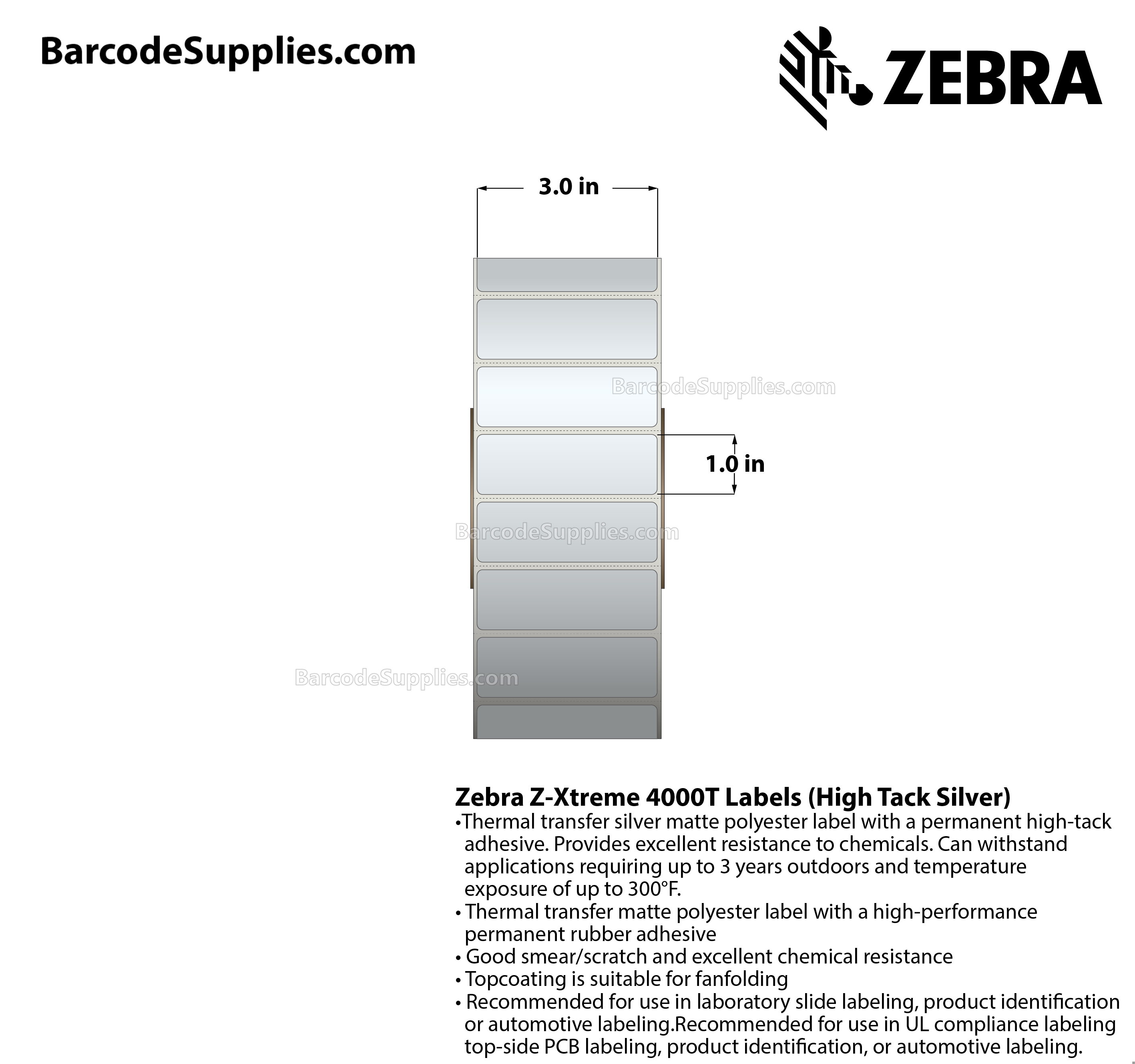 3 x 1 Thermal Transfer Silver Z-Xtreme 4000T High-Tack Silver Labels With High-tack Adhesive - Perforated - 3000 Labels Per Roll - Carton Of 1 Rolls - 3000 Labels Total - MPN: 10023179