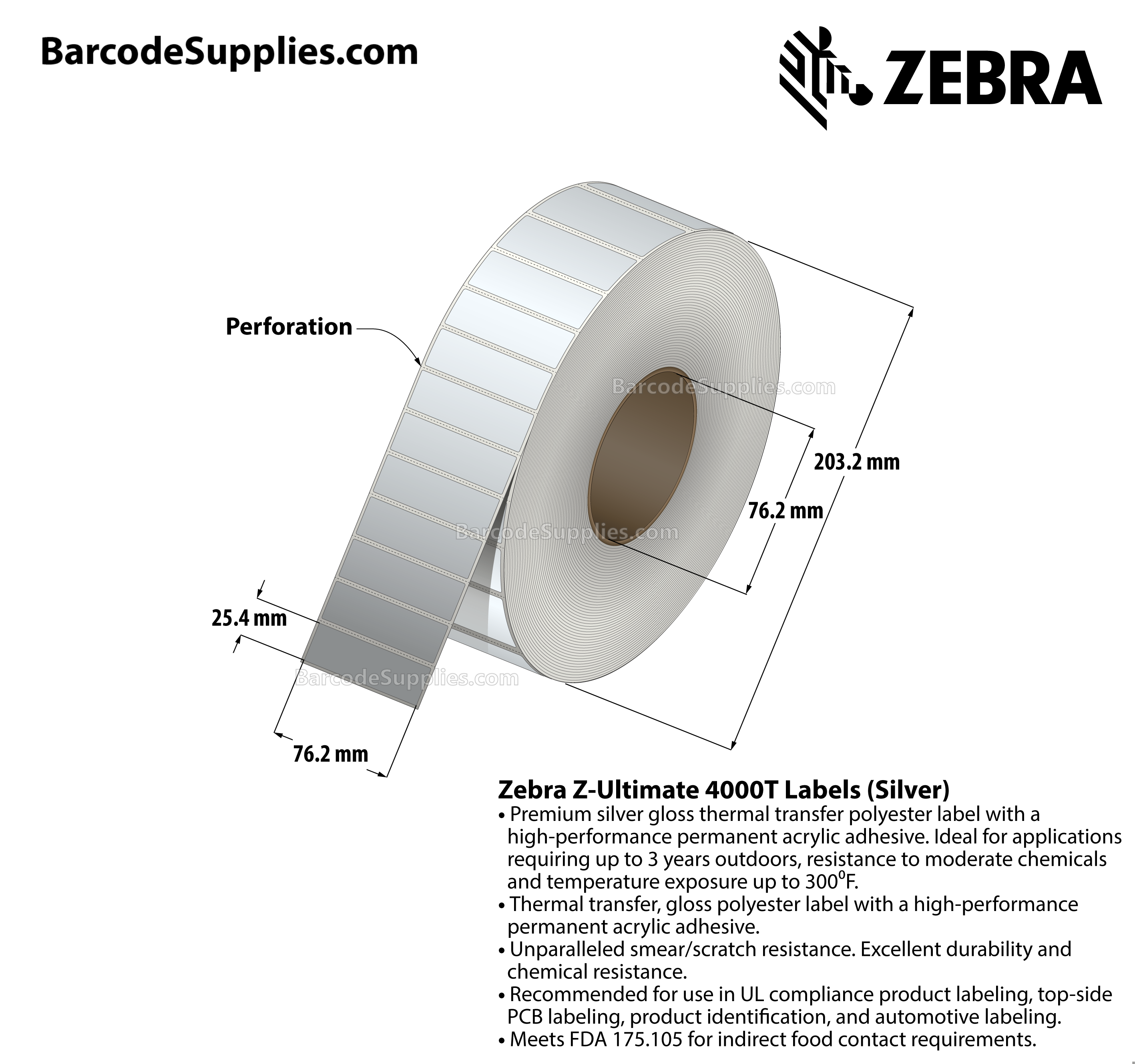 3 x 1 Thermal Transfer Silver Z-Ultimate 4000T High-Tack Silver Labels With High-tack Adhesive - Perforated - 3000 Labels Per Roll - Carton Of 1 Rolls - 3000 Labels Total - MPN: 10023355