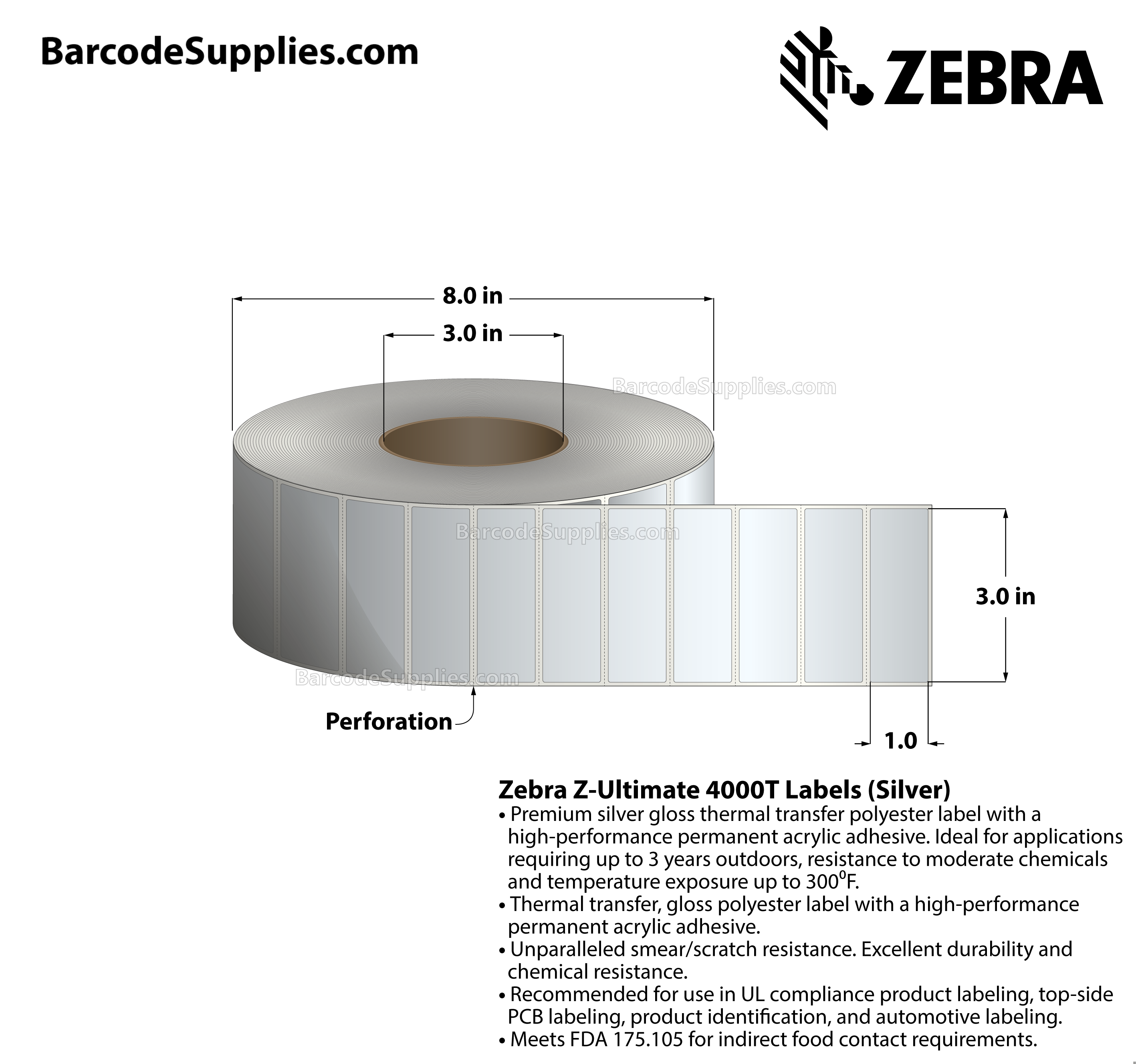 3 x 1 Thermal Transfer Silver Z-Ultimate 4000T High-Tack Silver Labels With High-tack Adhesive - Perforated - 3000 Labels Per Roll - Carton Of 1 Rolls - 3000 Labels Total - MPN: 10023355