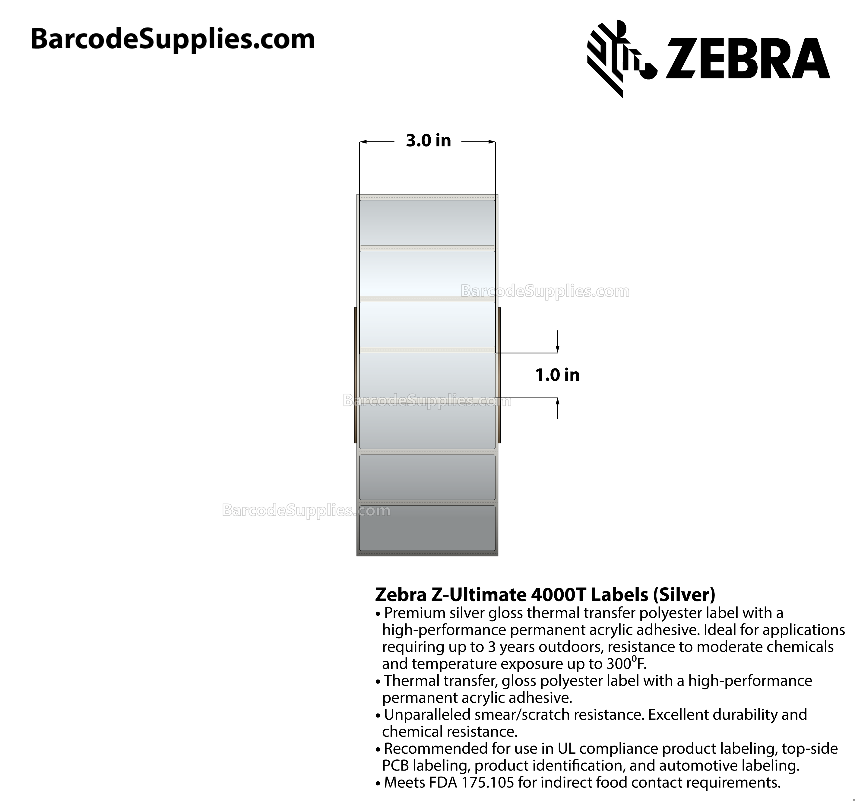 3 x 1 Thermal Transfer Silver Z-Ultimate 4000T High-Tack Silver Labels With High-tack Adhesive - Perforated - 3000 Labels Per Roll - Carton Of 1 Rolls - 3000 Labels Total - MPN: 10023355