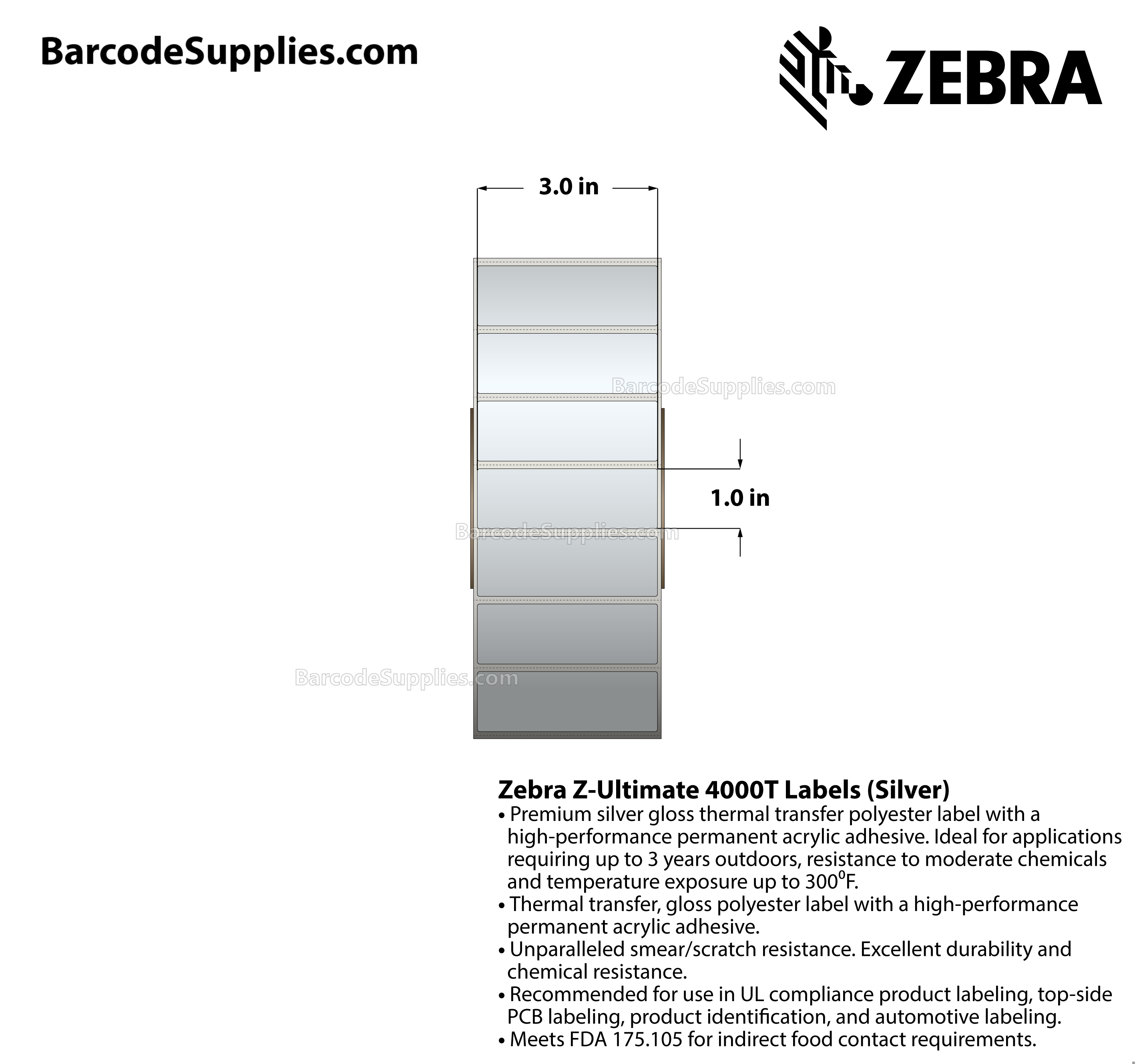 3 x 1 Thermal Transfer Silver Z-Ultimate 4000T Silver Labels With Permanent Adhesive - Perforated - 3000 Labels Per Roll - Carton Of 1 Rolls - 3000 Labels Total - MPN: 10023157