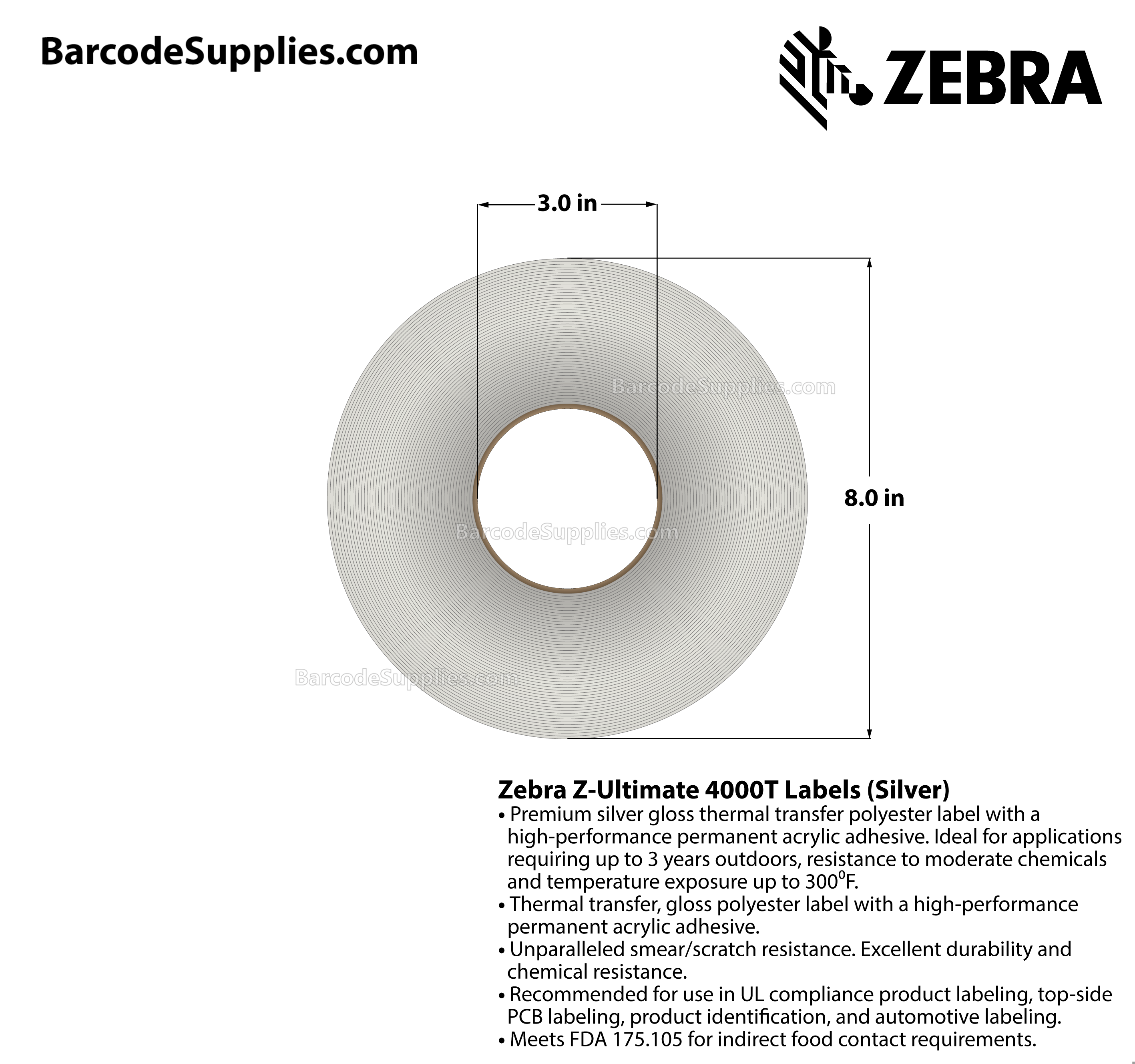 3 x 1 Thermal Transfer Silver Z-Ultimate 4000T High-Tack Silver Labels With High-tack Adhesive - Perforated - 3000 Labels Per Roll - Carton Of 1 Rolls - 3000 Labels Total - MPN: 10023355