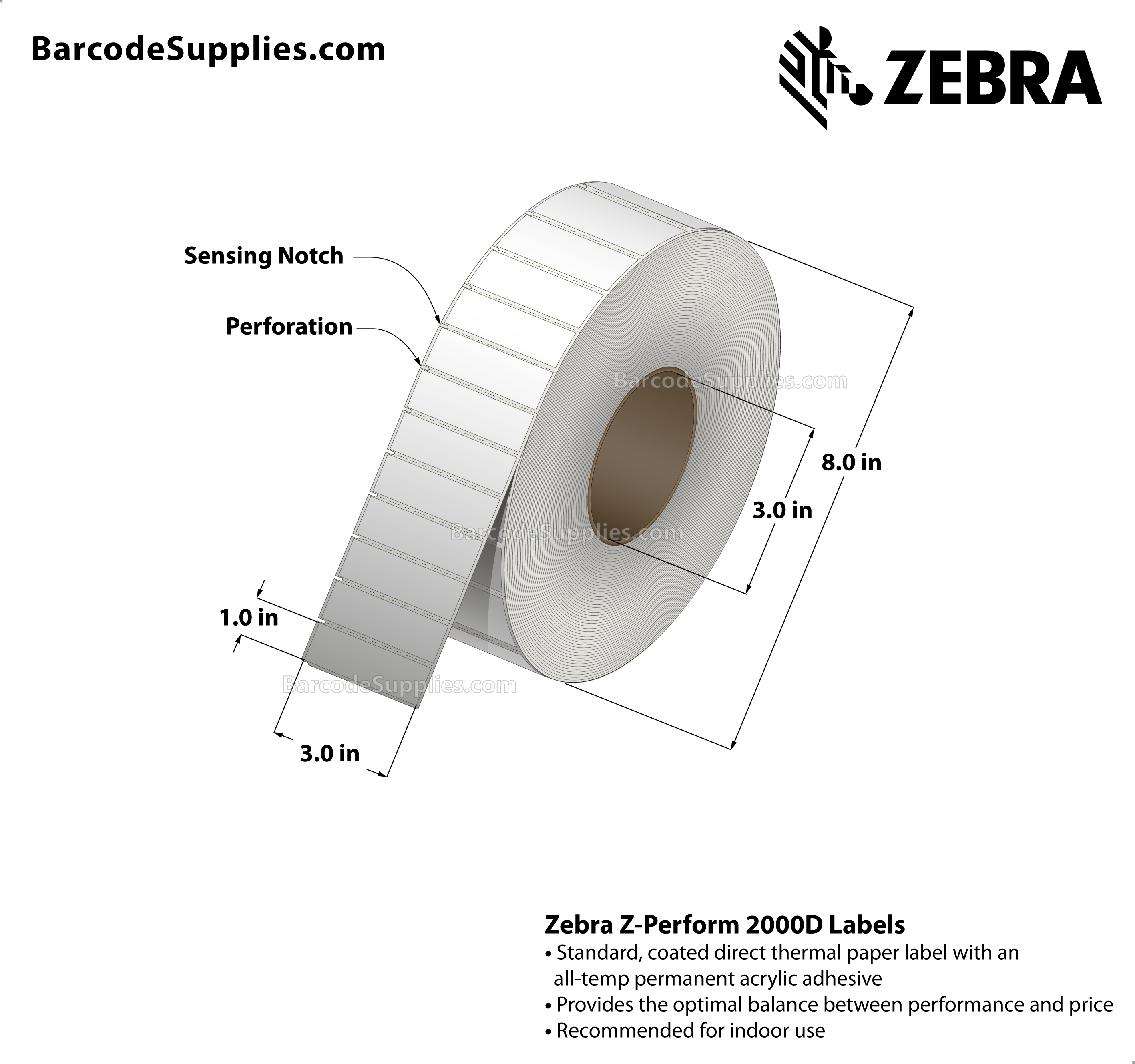 3 x 1 Direct Thermal White Z-Perform 2000D Labels With Permanent Adhesive - Label has square edges and side sensing notches on left side. - Perforated - 5000 Labels Per Roll - Carton Of 2 Rolls - 10000 Labels Total - MPN: 10025363