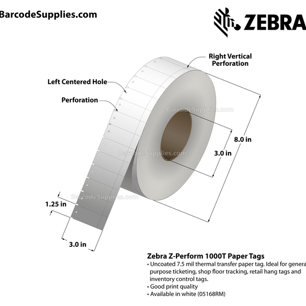 Zebra 3.00 x 1.25 Thermal Transfer Labels - Z-Perform 1000T Zebra 3.00 x 1.25 Thermal Transfer Labels - Z-Perform 1000T