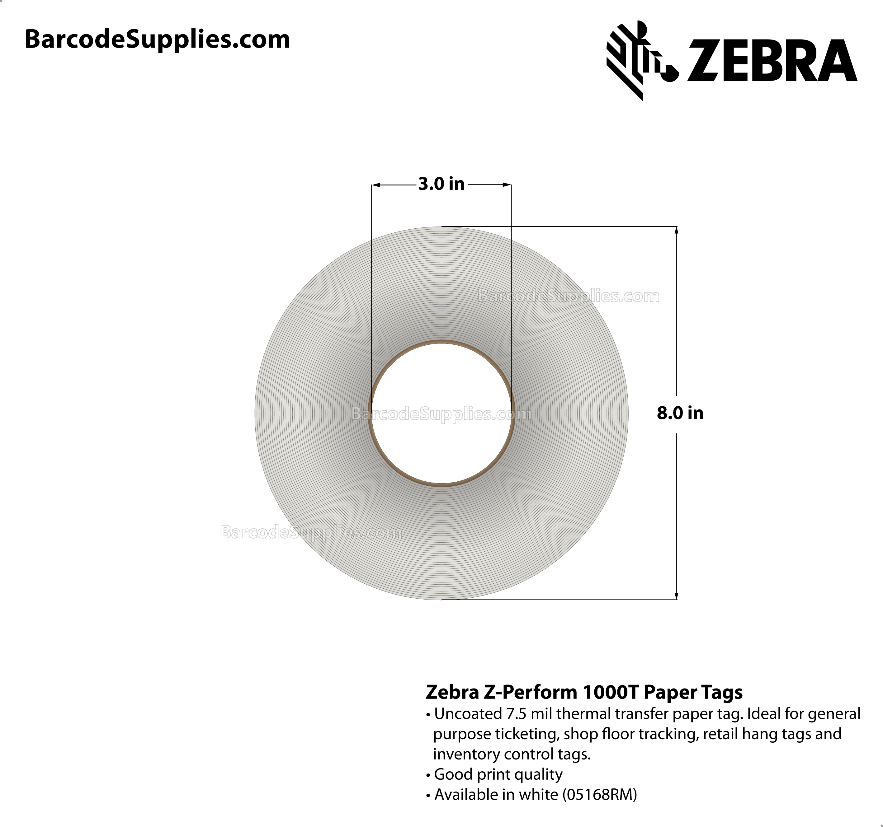 3 x 1.25 Thermal Transfer White Z-Perform 1000T 7.5 mil Tag Tags With No Adhesive - Contains side sensing notch - left-centered hole and right vertical perforation. - Perforated - 3750 Tags Per Roll - Carton Of 6 Rolls - 22500 Tags Total - MPN: 67251