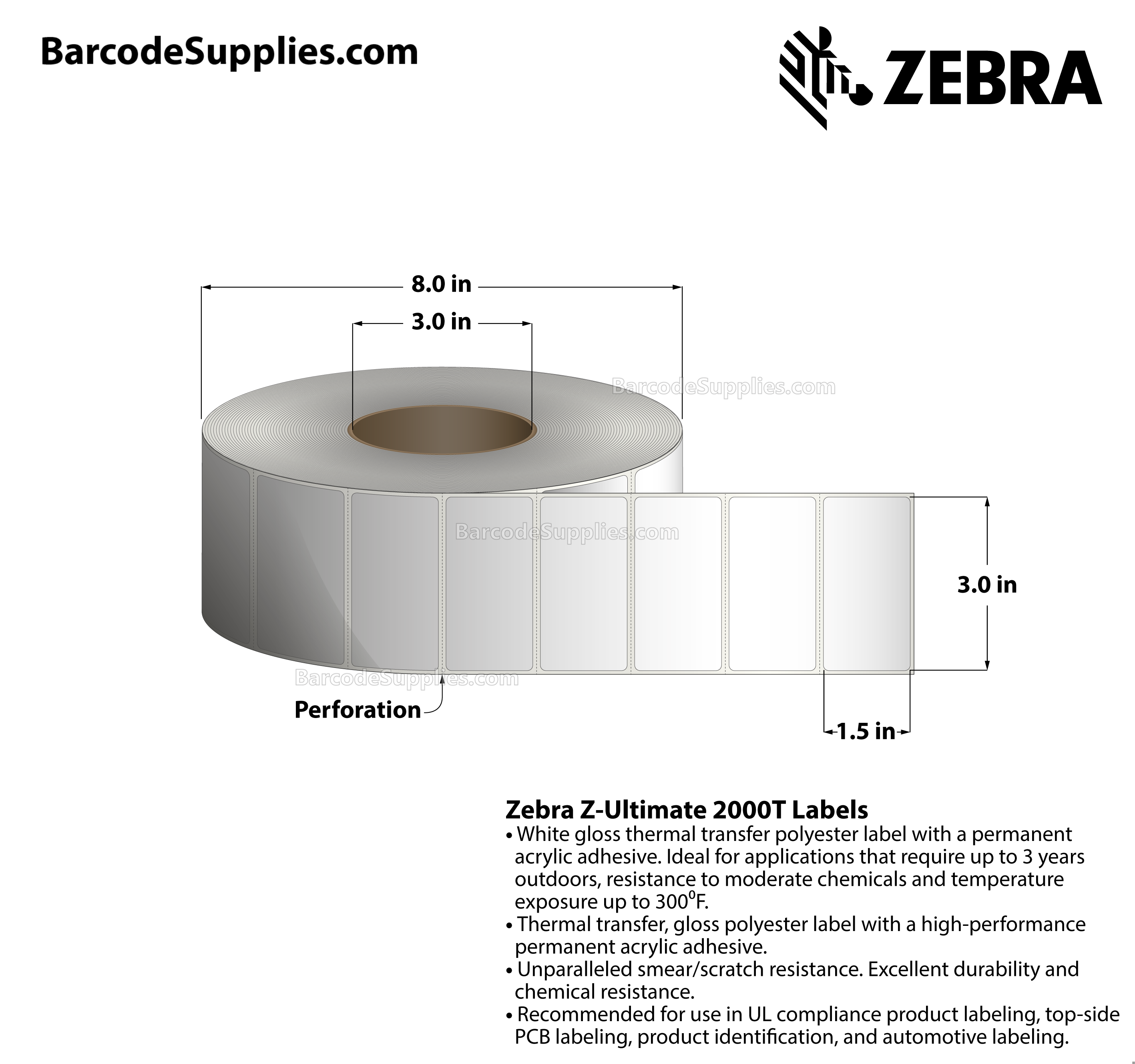 3 x 1.5 Thermal Transfer White Z-Ultimate 2000T Labels With Permanent Adhesive - Perforated - 2500 Labels Per Roll - Carton Of 1 Rolls - 2500 Labels Total - MPN: 10022964