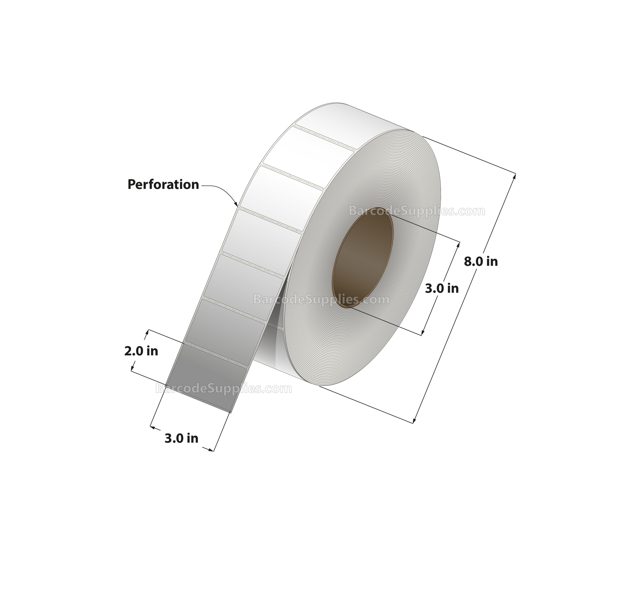 3 x 2 Direct Thermal White Labels With Acrylic Adhesive - Perforated - 2900 Labels Per Roll - Carton Of 8 Rolls - 23200 Labels Total - MPN: RD-3-2-2900-3 - BarcodeSource, Inc.