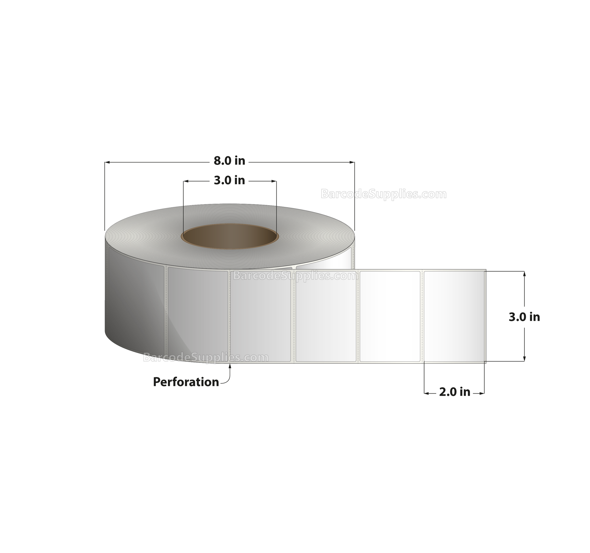 3 x 2 Thermal Transfer White Labels With Permanent Adhesive - Perforated - 3000 Labels Per Roll - Carton Of 4 Rolls - 12000 Labels Total - MPN: RP-3-2-3000-3