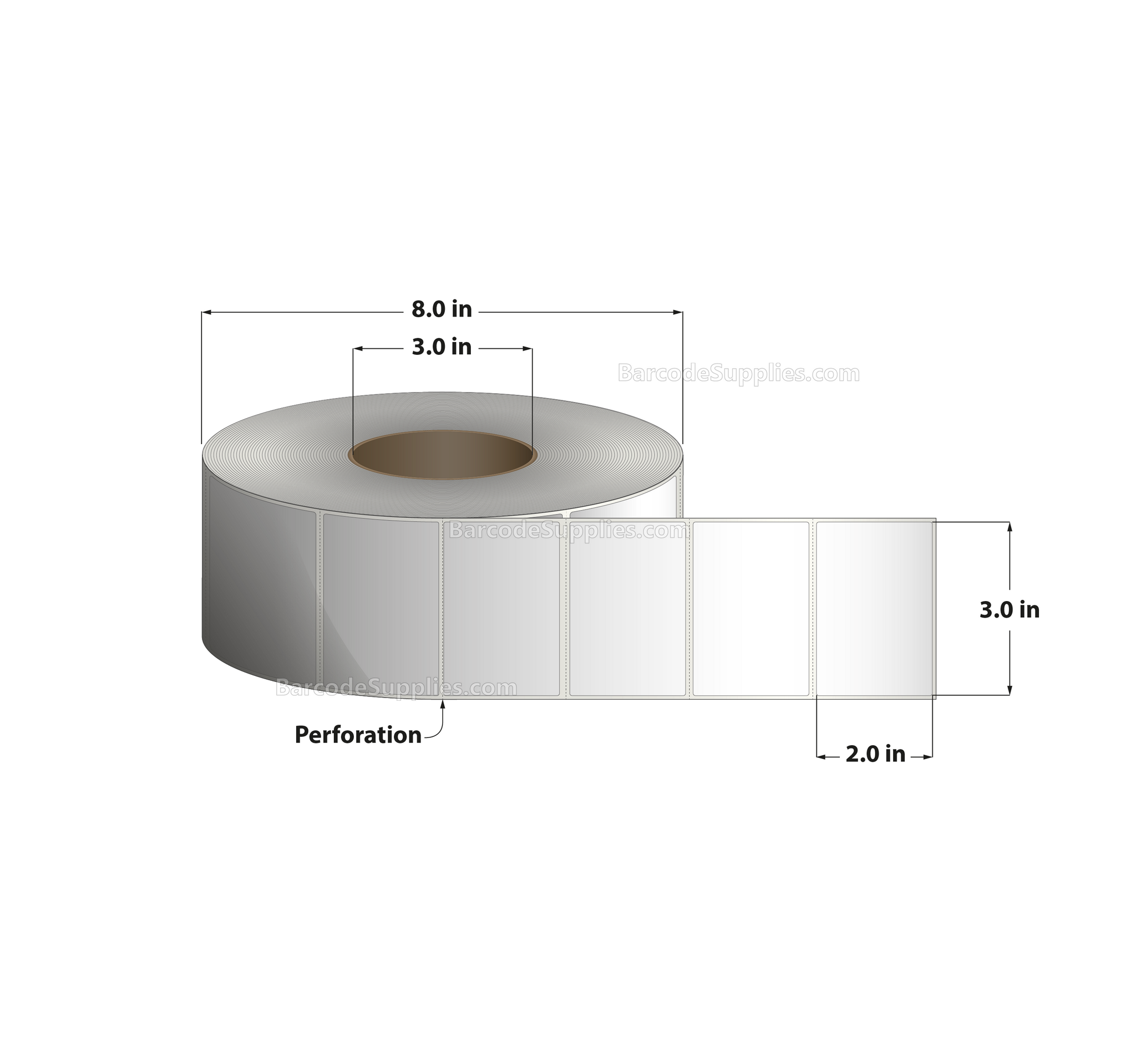 3 x 2 Direct Thermal White Labels With Permanent Acrylic Adhesive - Perforated - 2900 Labels Per Roll - Carton Of 8 Rolls - 23200 Labels Total - MPN: DT32-1P