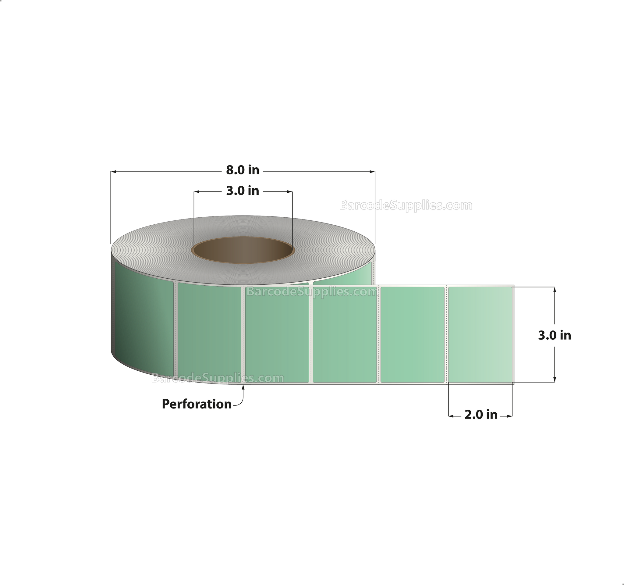 3 x 2 Thermal Transfer 345 Green Labels With Permanent Adhesive - Perforated - 2900 Labels Per Roll - Carton Of 8 Rolls - 23200 Labels Total - MPN: RFC-3-2-2900-GR