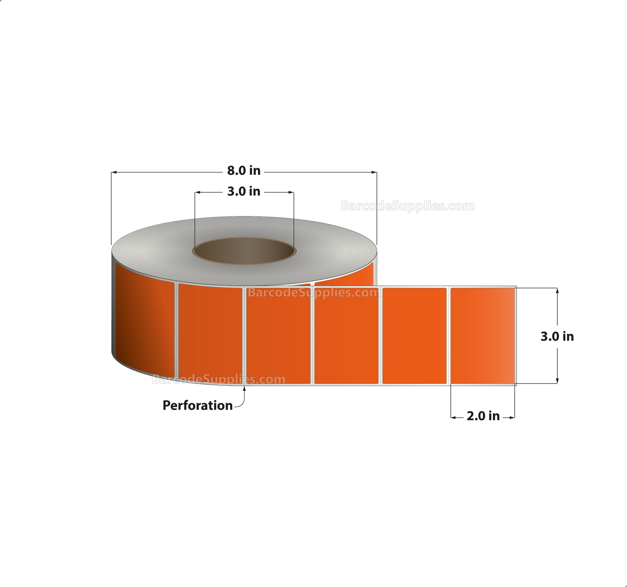 3 x 2 Thermal Transfer 1495 Orange Labels With Permanent Adhesive - Perforated - 2900 Labels Per Roll - Carton Of 8 Rolls - 23200 Labels Total - MPN: RFC-3-2-2900-OR