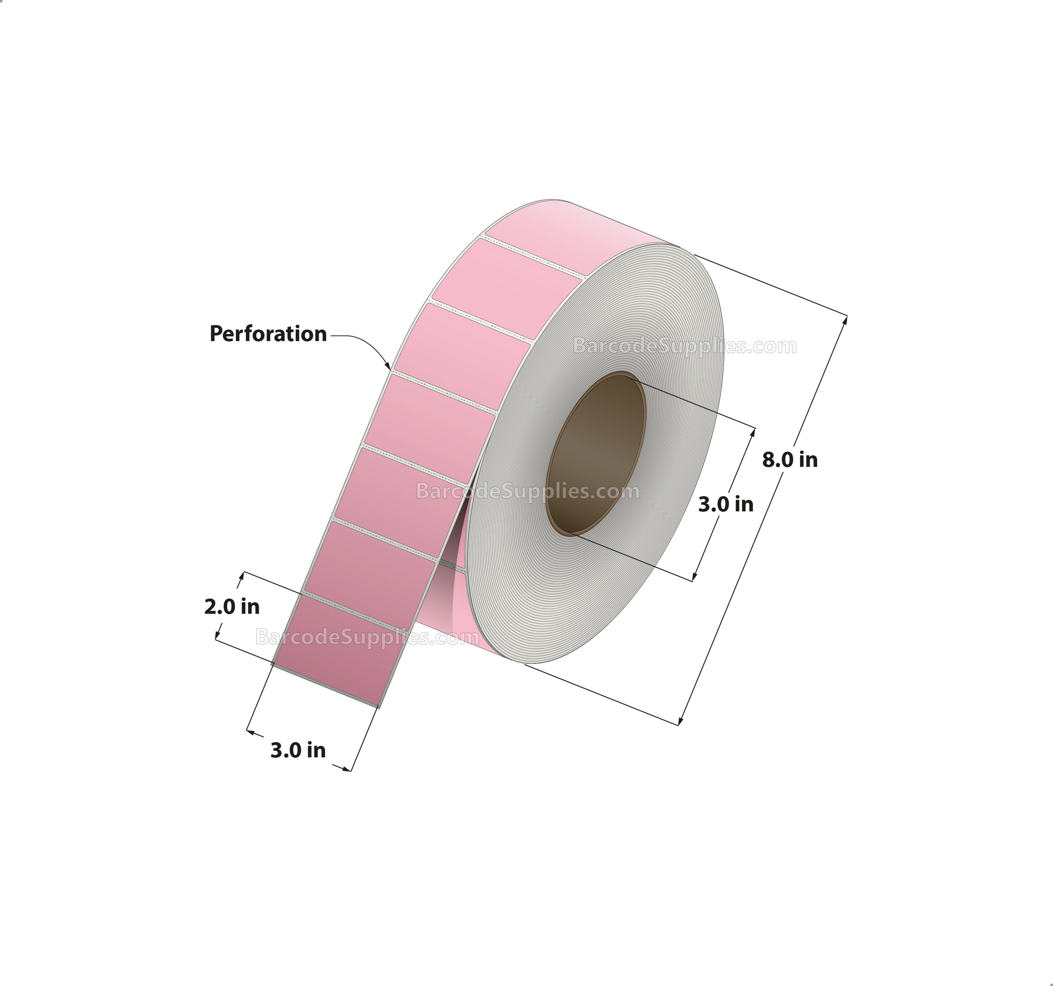 3 x 2 Thermal Transfer 176 Pink Labels With Permanent Adhesive - Perforated - 2900 Labels Per Roll - Carton Of 8 Rolls - 23200 Labels Total - MPN: RFC-3-2-2900-PK