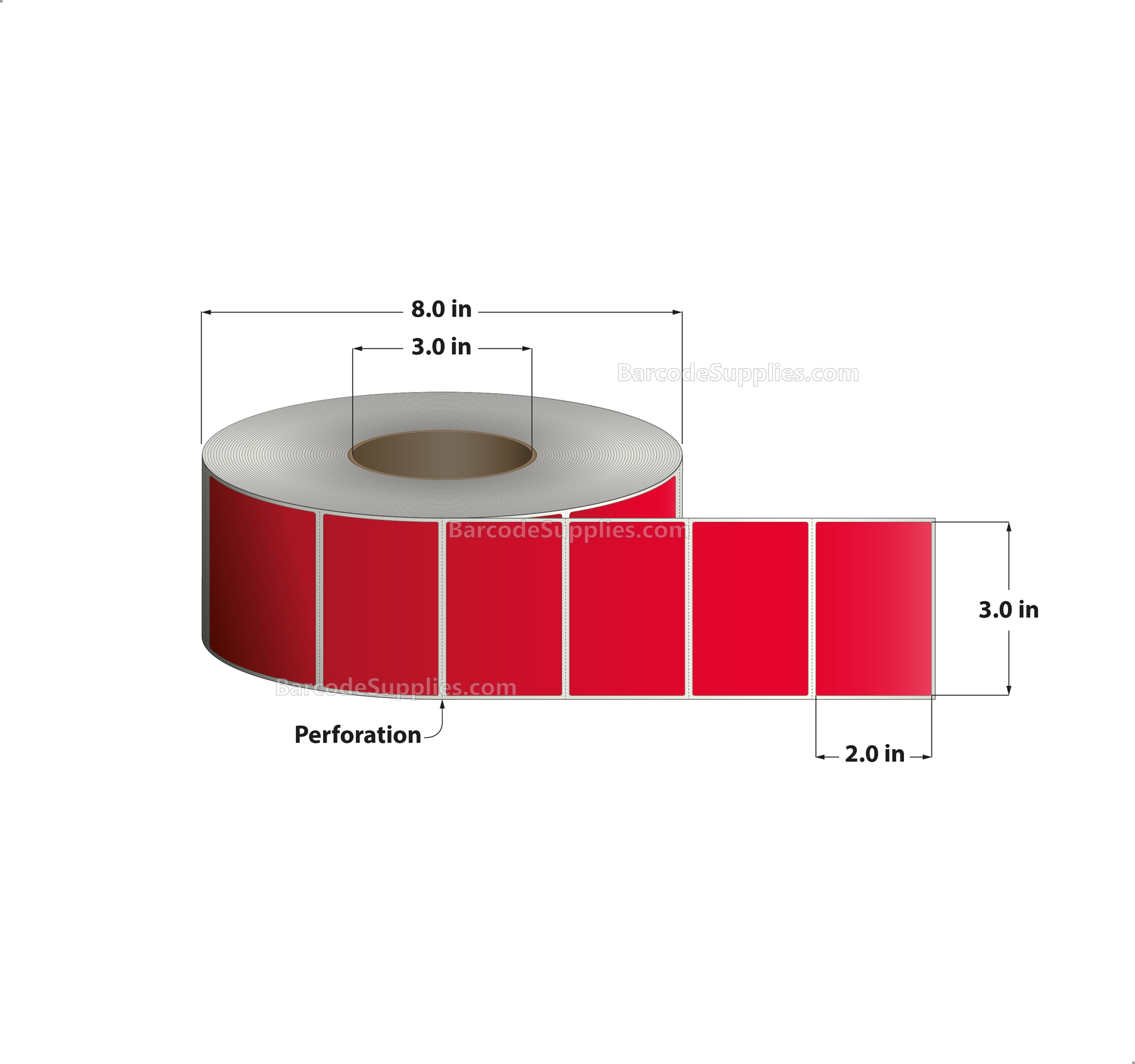 3 x 2 Thermal Transfer 032 Red Labels With Permanent Adhesive - Perforated - 2900 Labels Per Roll - Carton Of 8 Rolls - 23200 Labels Total - MPN: RFC-3-2-2900-RD