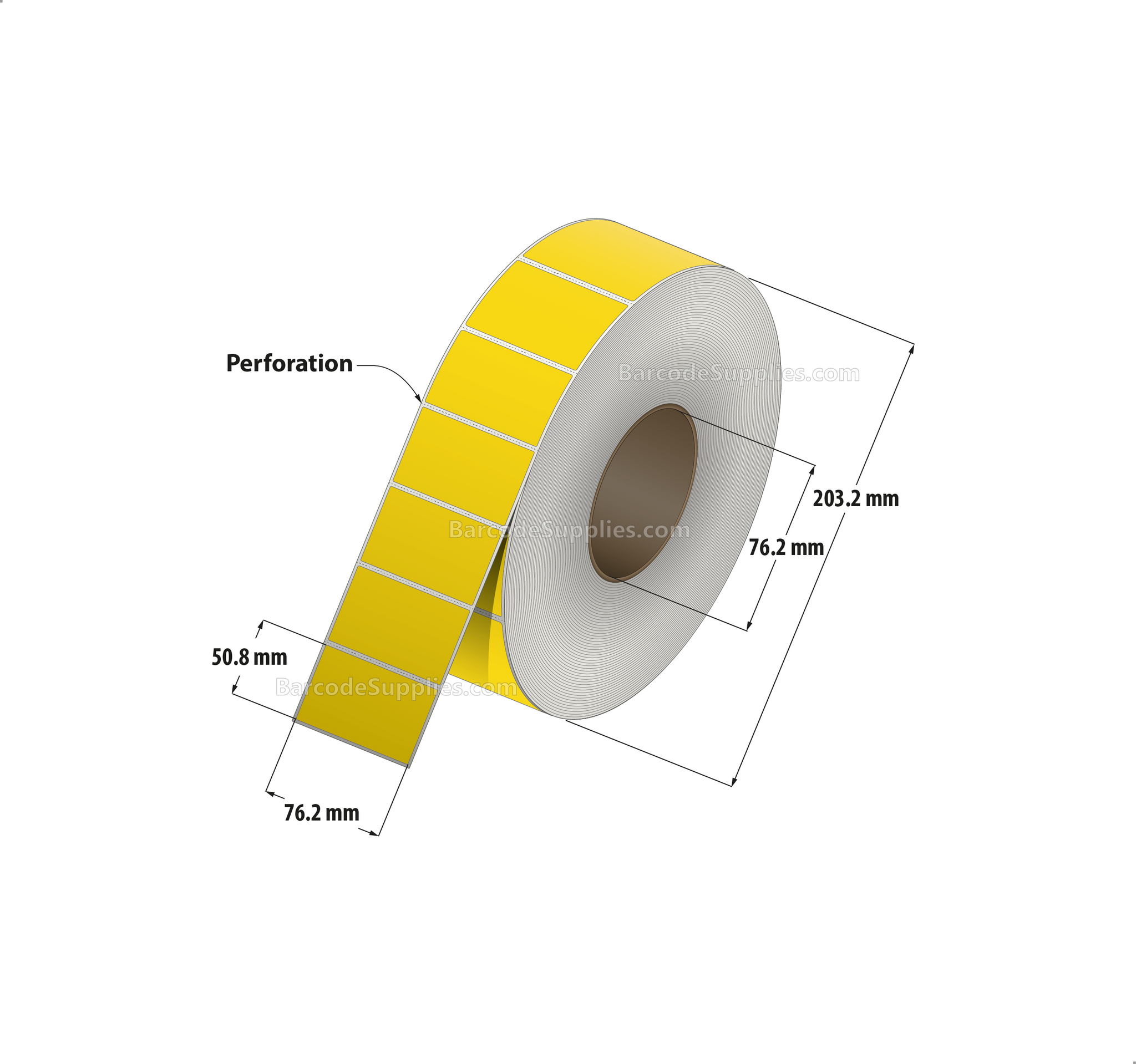 3 x 2 Thermal Transfer Pantone Yellow Labels With Permanent Adhesive - Perforated - 2900 Labels Per Roll - Carton Of 8 Rolls - 23200 Labels Total - MPN: RFC-3-2-2900-YL