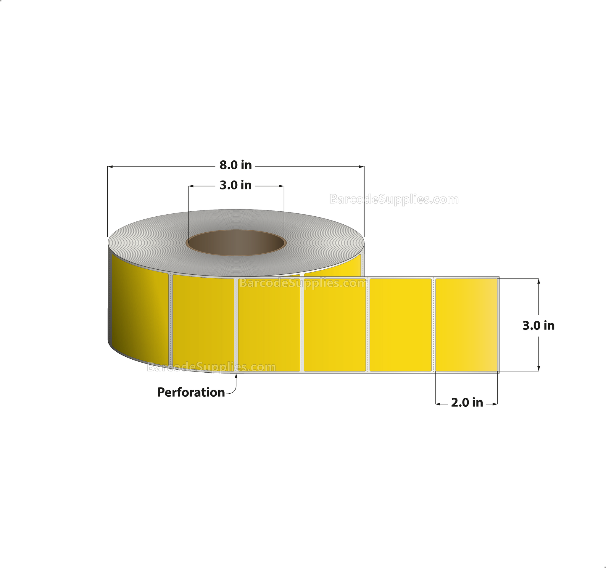 3 x 2 Thermal Transfer Pantone Yellow Labels With Permanent Adhesive - Perforated - 2900 Labels Per Roll - Carton Of 8 Rolls - 23200 Labels Total - MPN: RFC-3-2-2900-YL