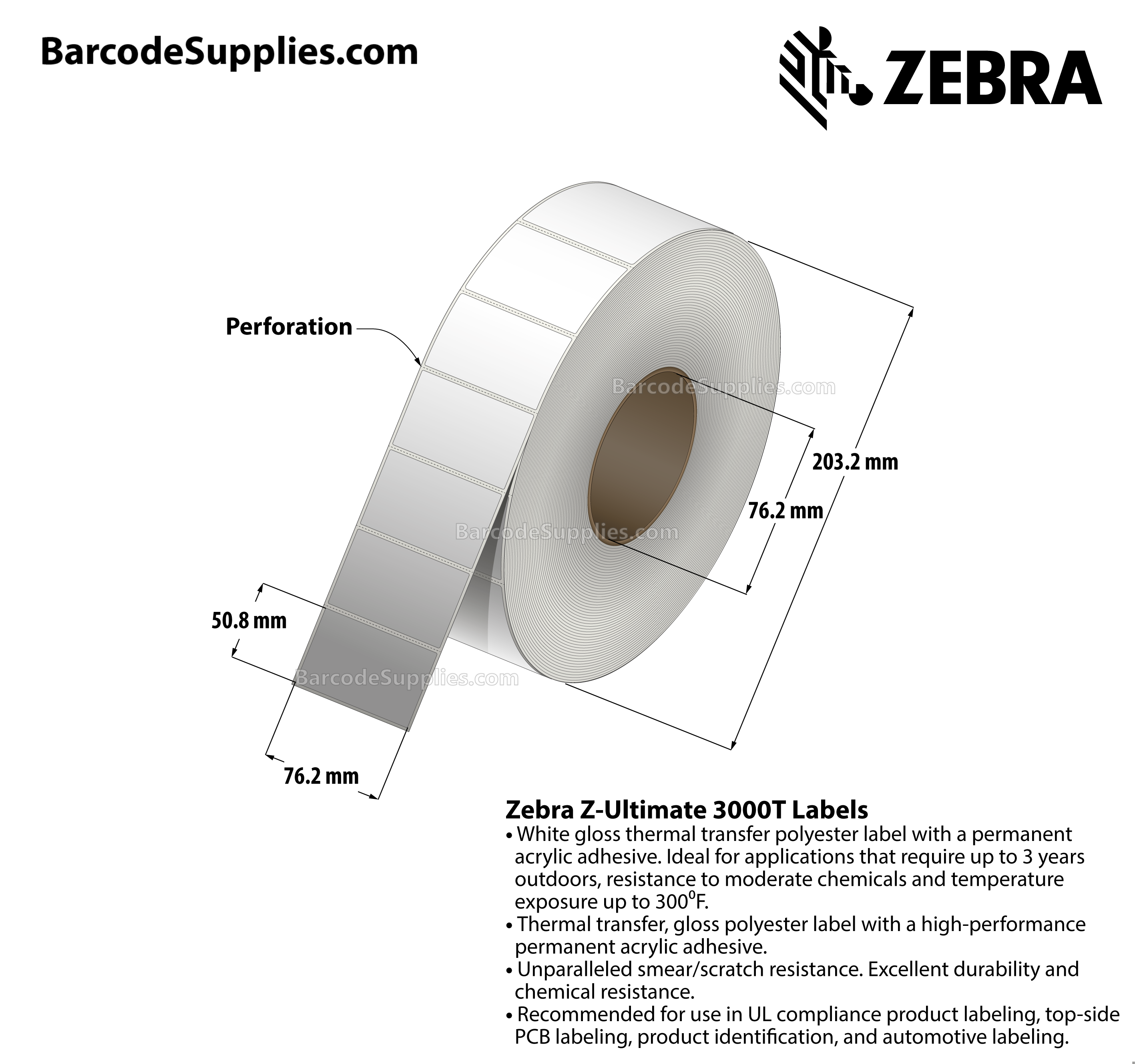 3 x 2 Thermal Transfer White Z-Ultimate 3000T Labels With Permanent Adhesive - Perforated - 2950 Labels Per Roll - Carton Of 4 Rolls - 11800 Labels Total - MPN: 10011703