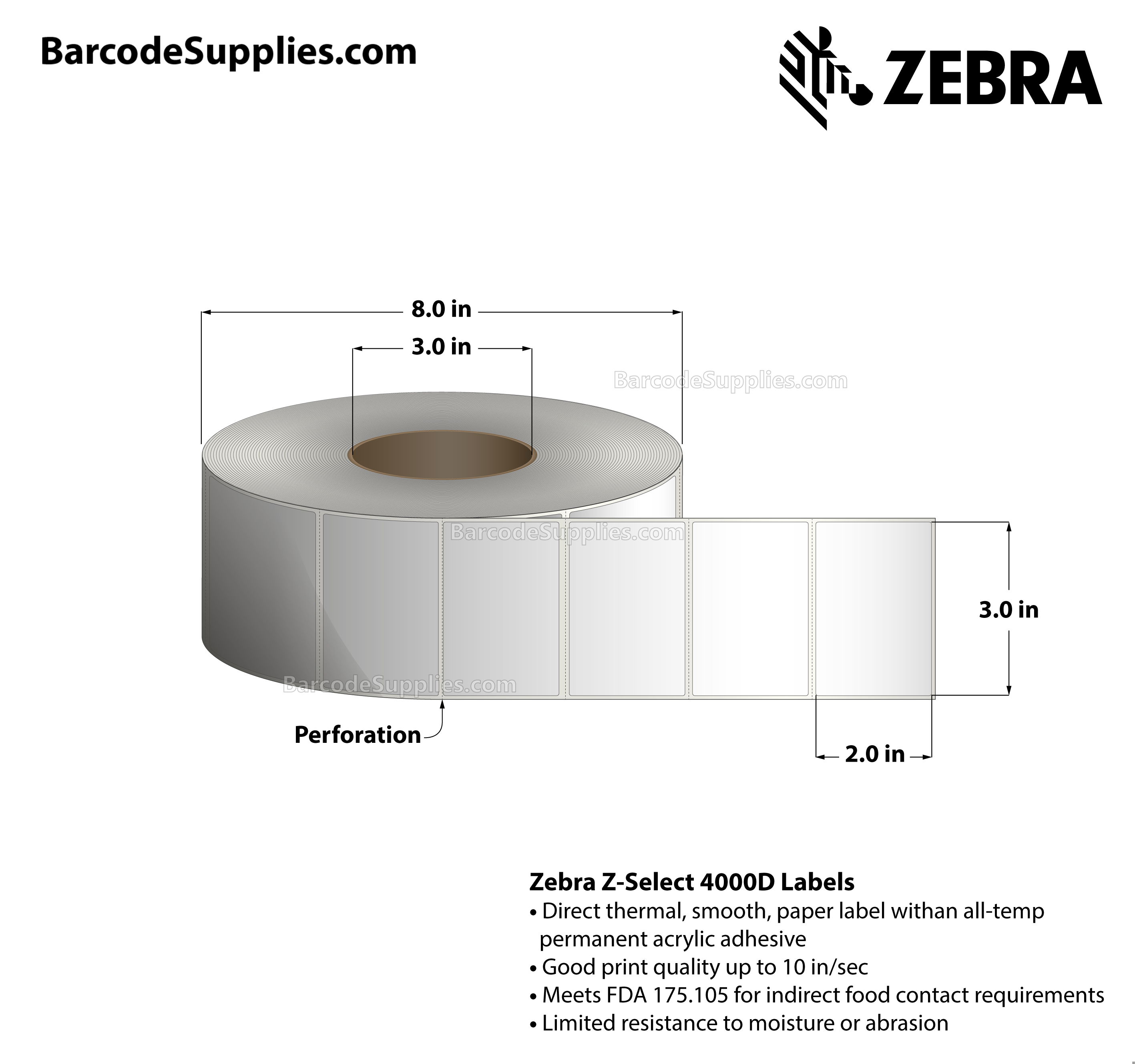 3 x 2 Direct Thermal White Z-Select 4000D Labels With All-Temp Adhesive - Perforated - 2710 Labels Per Roll - Carton Of 6 Rolls - 16260 Labels Total - MPN: 98958