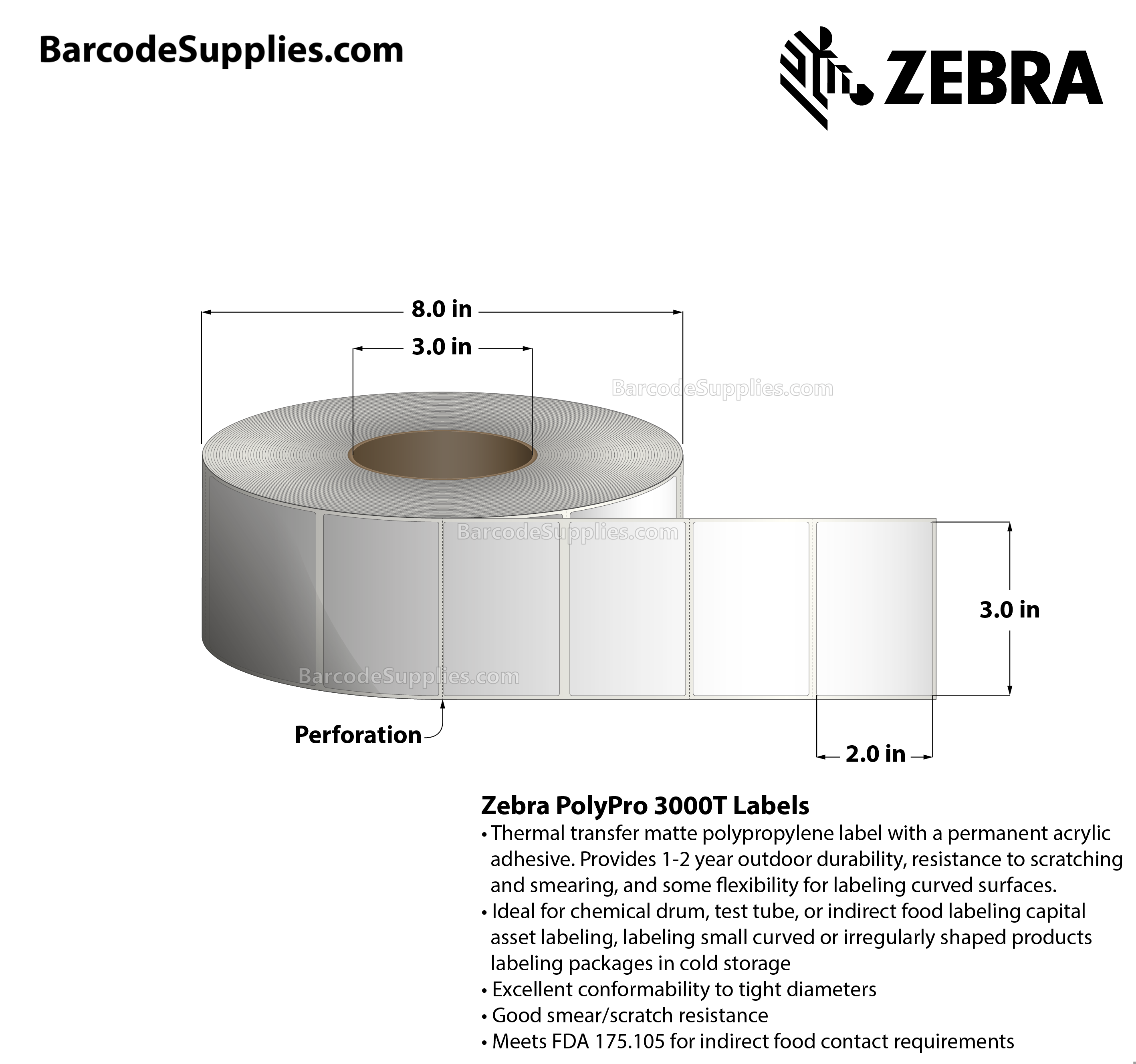 3 x 2 Thermal Transfer White PolyPro 3000T Labels With Permanent Adhesive - Perforated - 2440 Labels Per Roll - Carton Of 4 Rolls - 9760 Labels Total - MPN: 10011991