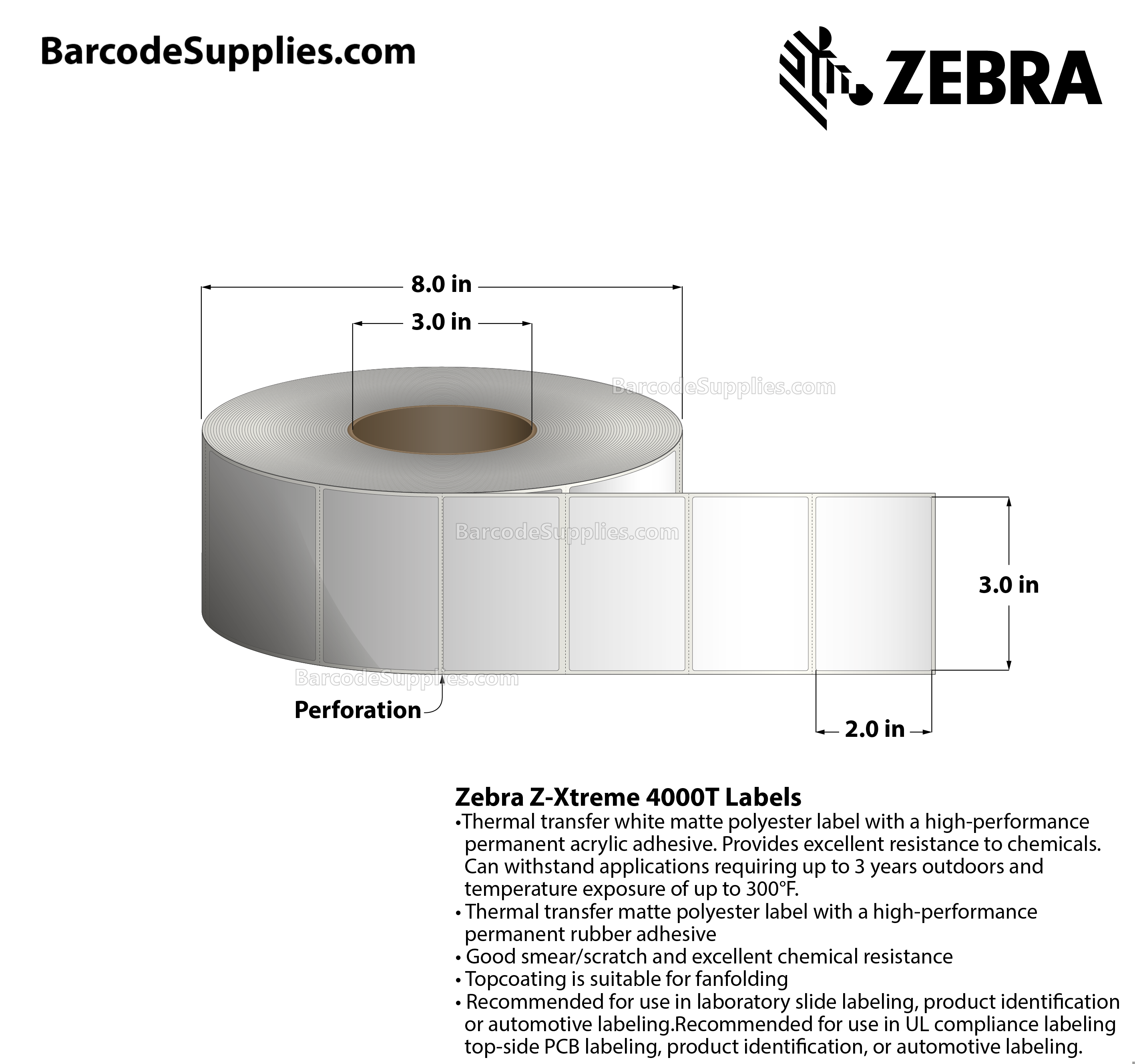 3 x 2 Thermal Transfer White Z-Xtreme 4000T White Labels With Permanent Adhesive - Perforated - 1000 Labels Per Roll - Carton Of 1 Rolls - 1000 Labels Total - MPN: 10023165