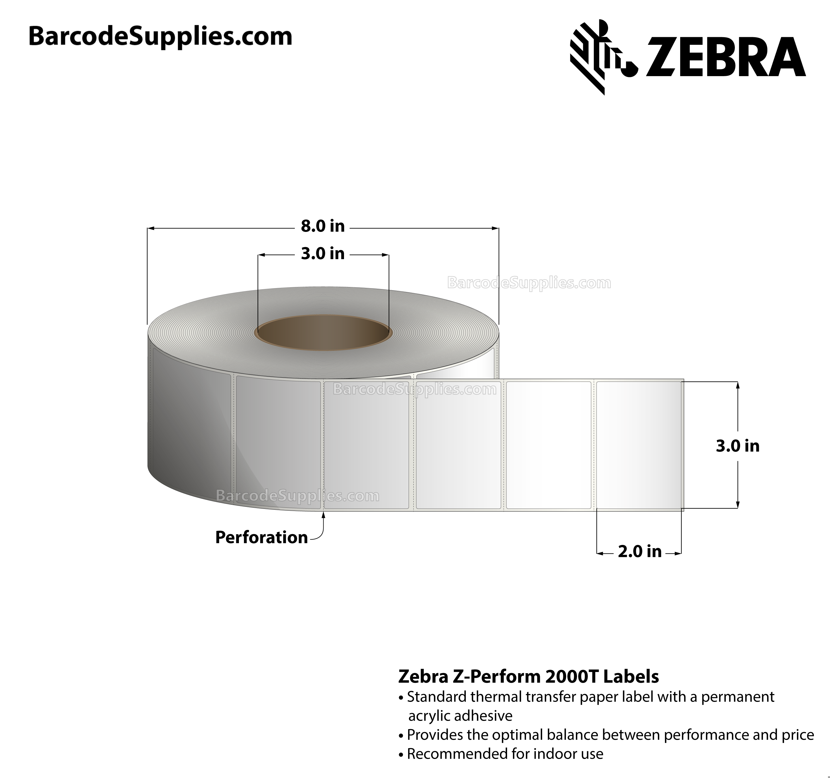 3 x 2 Thermal Transfer White Z-Perform 2000T Labels With Permanent Adhesive - Perforated - 2750 Labels Per Roll - Carton Of 6 Rolls - 16500 Labels Total - MPN: 10000286