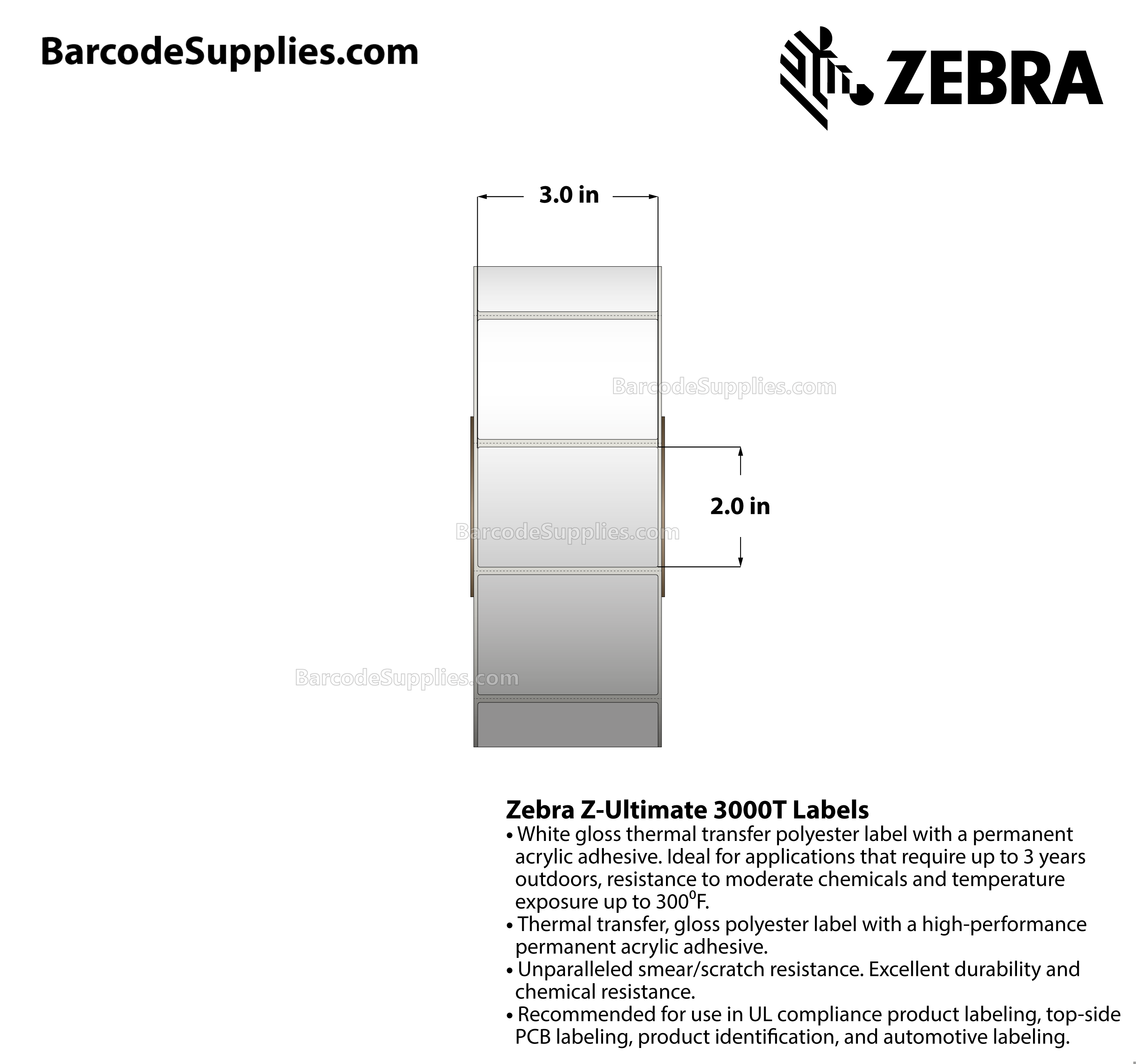 3 x 2 Thermal Transfer White Z-Ultimate 3000T Labels With Permanent Adhesive - Perforated - 2950 Labels Per Roll - Carton Of 4 Rolls - 11800 Labels Total - MPN: 10011703