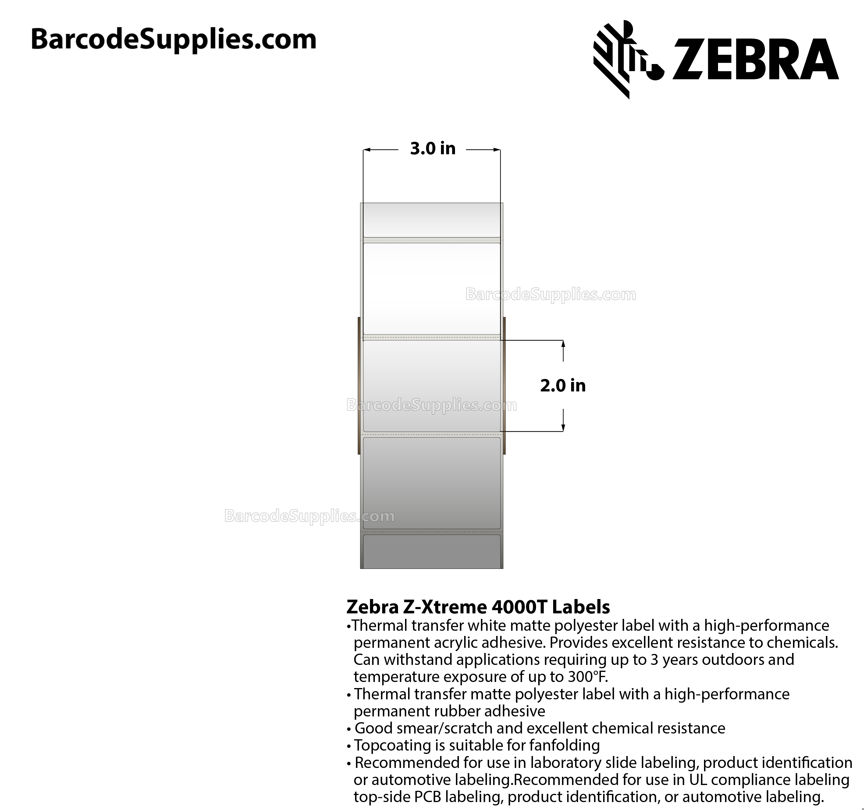 3 x 2 Thermal Transfer White Z-Xtreme 4000T White Labels With Permanent Adhesive - Perforated - 1000 Labels Per Roll - Carton Of 1 Rolls - 1000 Labels Total - MPN: 10023165