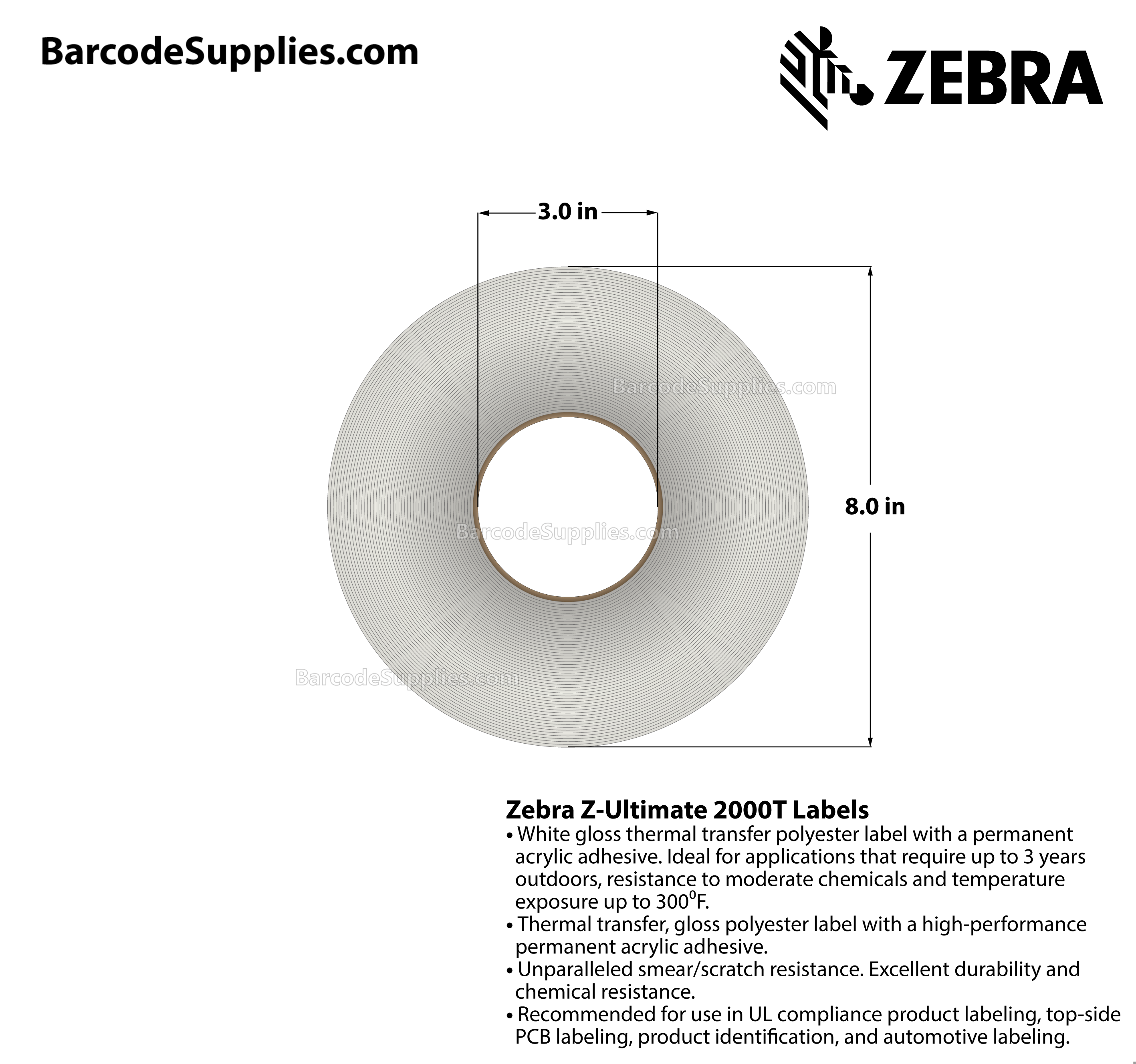 3 x 2 Thermal Transfer White Z-Ultimate 2000T Labels With Permanent Adhesive - Perforated - 2950 Labels Per Roll - Carton Of 4 Rolls - 11800 Labels Total - MPN: 10008514
