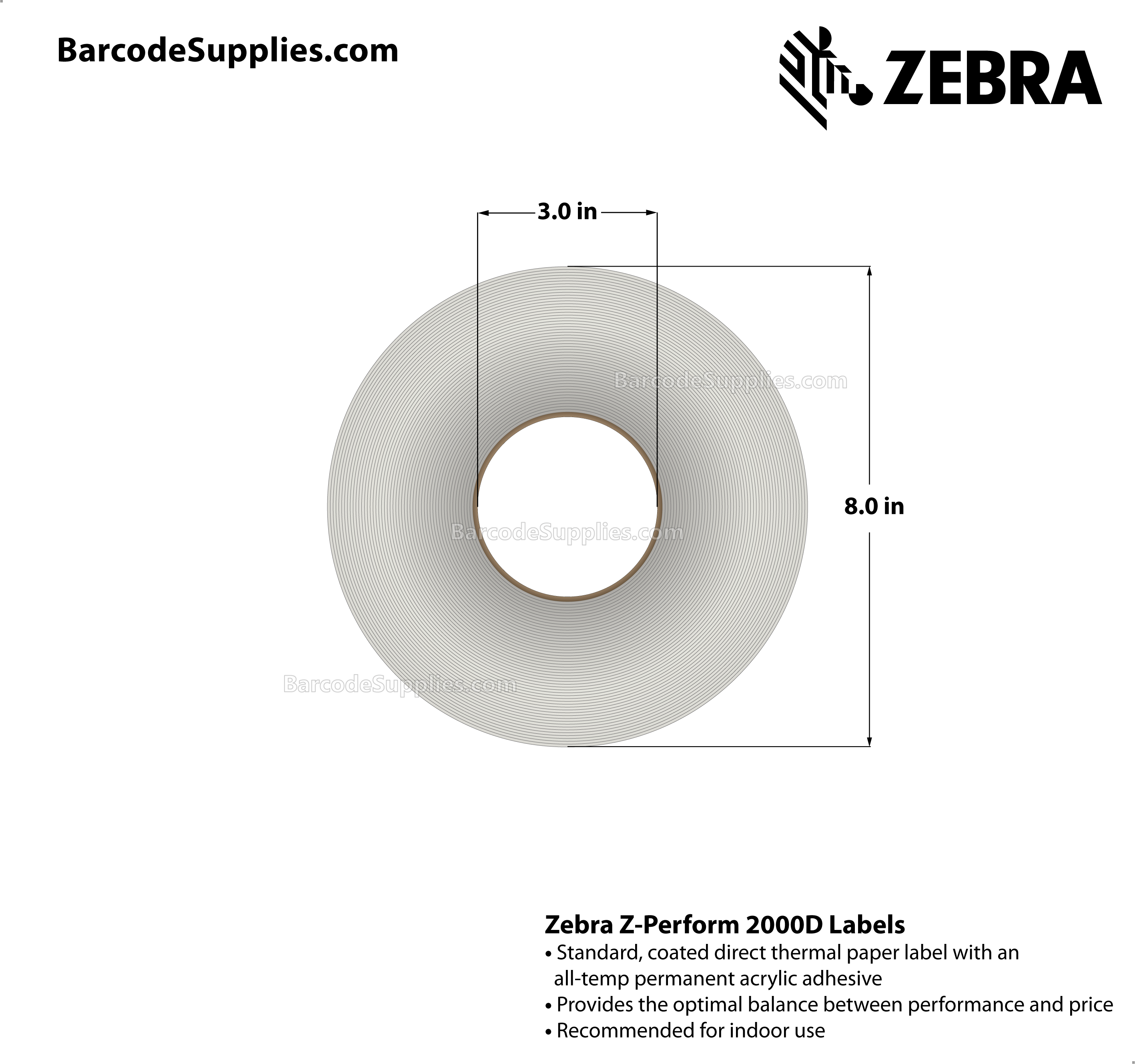 3 x 2 Direct Thermal White Z-Perform 2000D Labels With All-Temp Adhesive - Perforated - 2750 Labels Per Roll - Carton Of 6 Rolls - 16500 Labels Total - MPN: 10000295