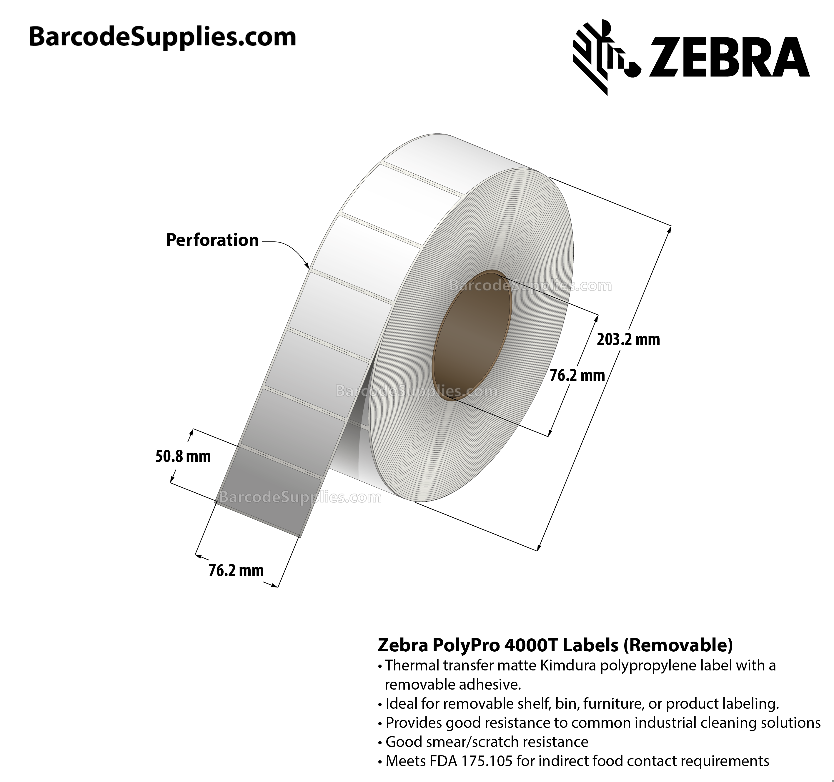 3 x 2 Thermal Transfer White PolyPro 4000T Removable Labels With Removable Adhesive - Perforated - 1000 Labels Per Roll - Carton Of 1 Rolls - 1000 Labels Total - MPN: 10022937