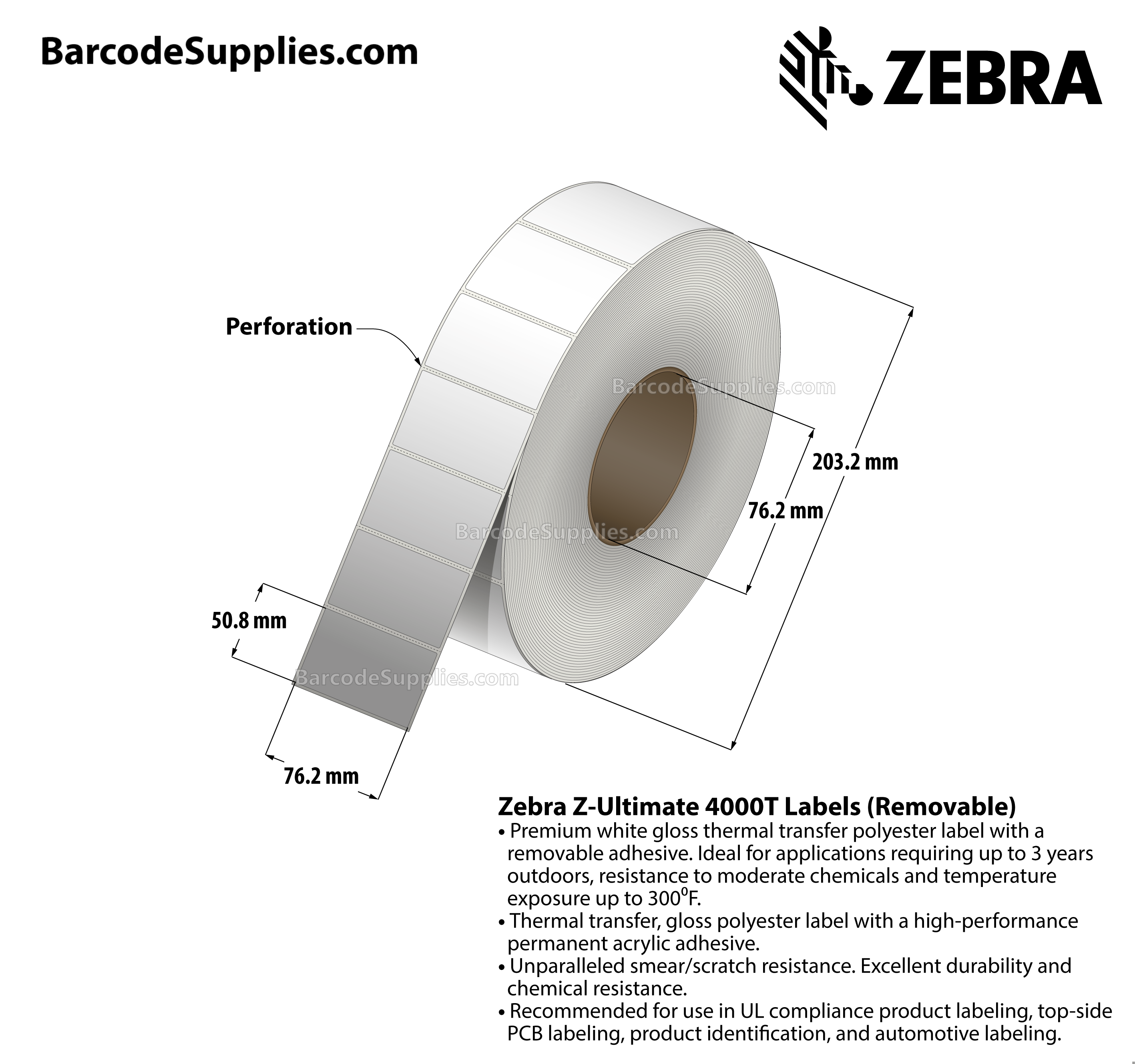 3 x 2 Thermal Transfer White Z-Ultimate 4000T Removable Labels With Removable Adhesive - Perforated - 1000 Labels Per Roll - Carton Of 1 Rolls - 1000 Labels Total - MPN: 10023151