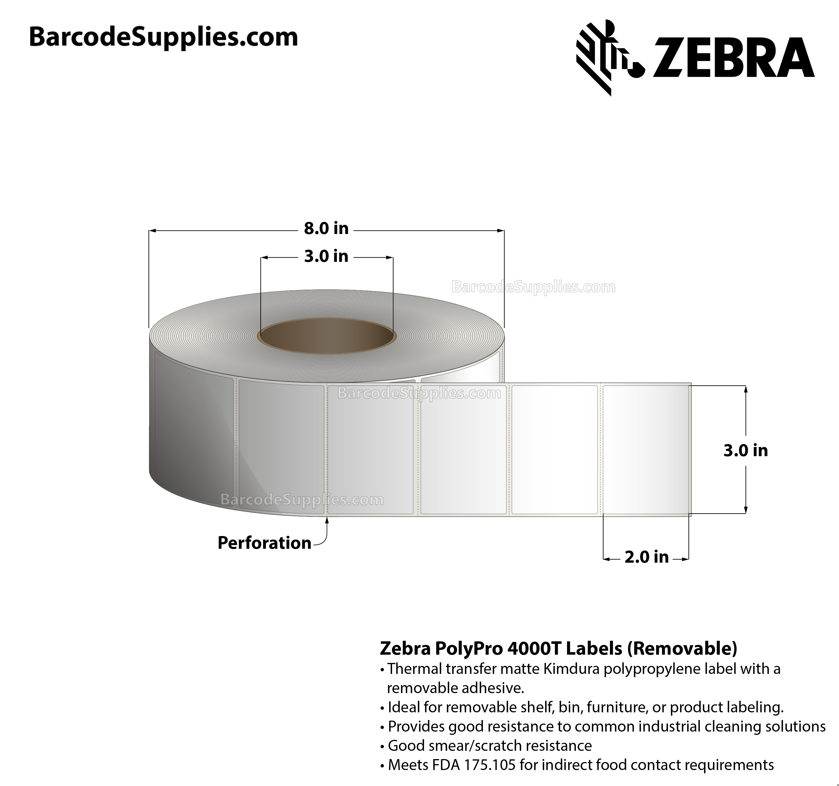 3 x 2 Thermal Transfer White PolyPro 4000T Removable Labels With Removable Adhesive - Perforated - 1000 Labels Per Roll - Carton Of 1 Rolls - 1000 Labels Total - MPN: 10022937