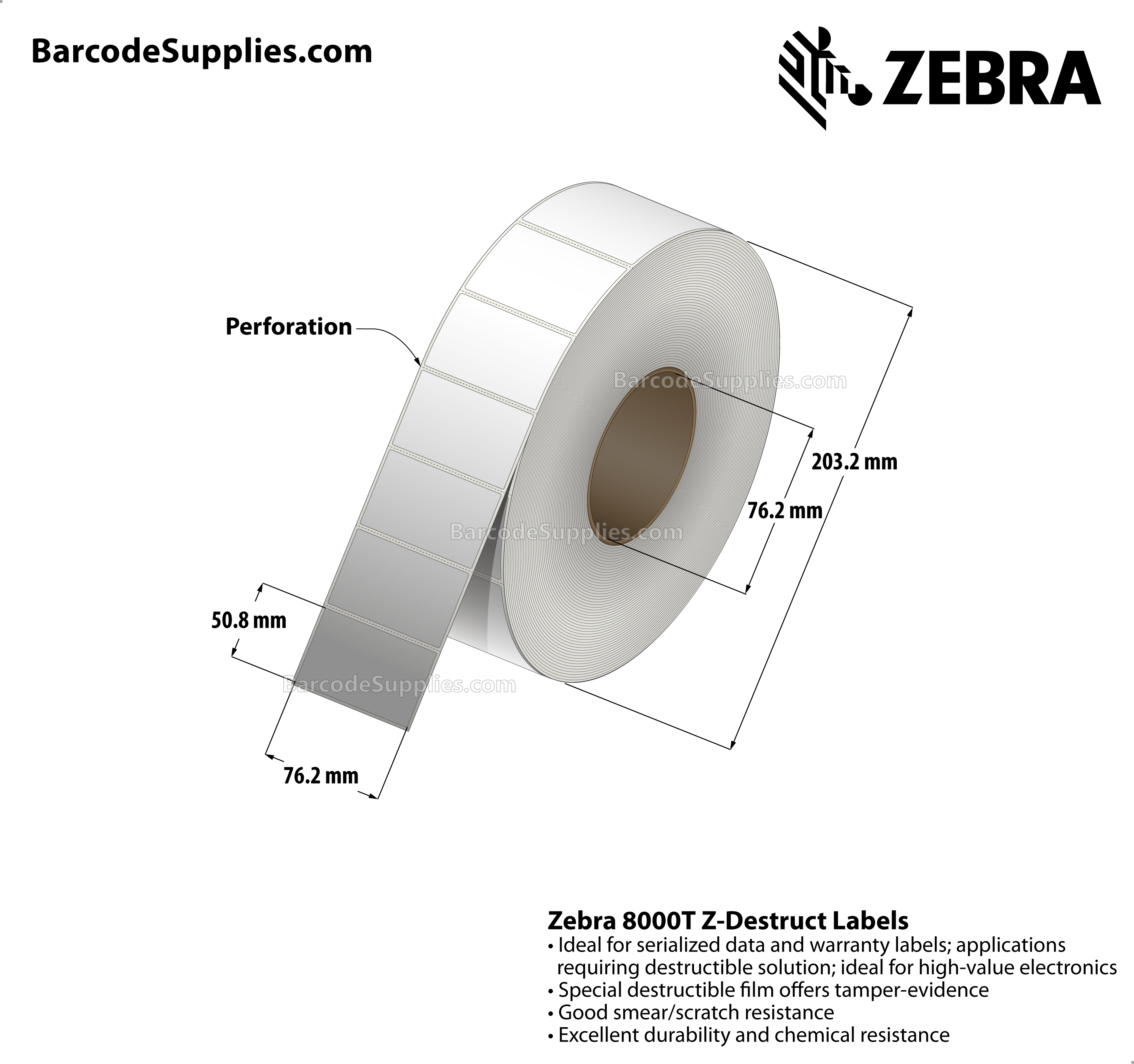 3 x 2 Thermal Transfer White 8000T Z-Destruct Labels With Tamper-evident Adhesive - Perforated - 1000 Labels Per Roll - Carton Of 1 Rolls - 1000 Labels Total - MPN: 10022929