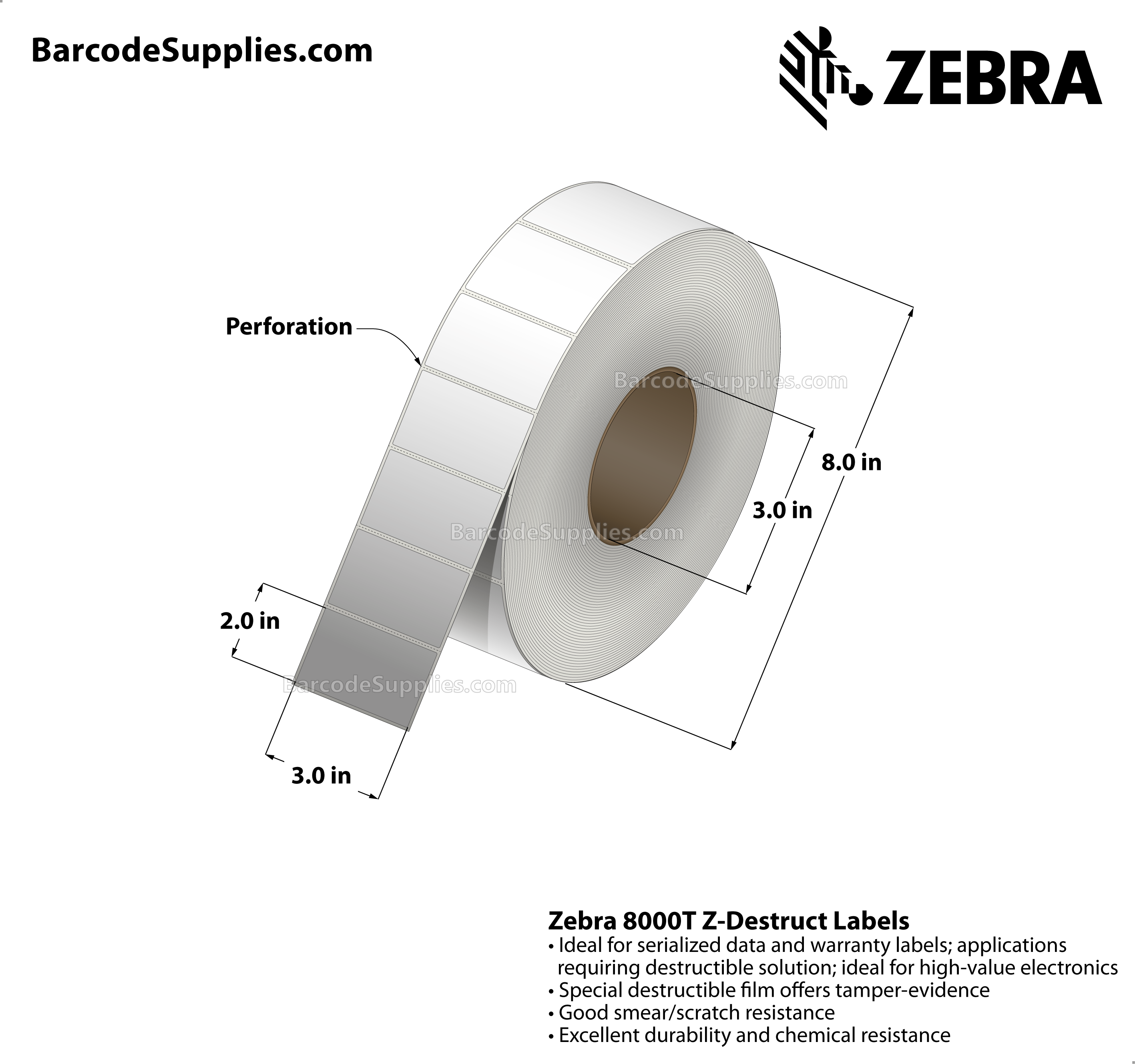 3 x 2 Thermal Transfer White 8000T Z-Destruct Labels With Tamper-evident Adhesive - Perforated - 1000 Labels Per Roll - Carton Of 1 Rolls - 1000 Labels Total - MPN: 10022929