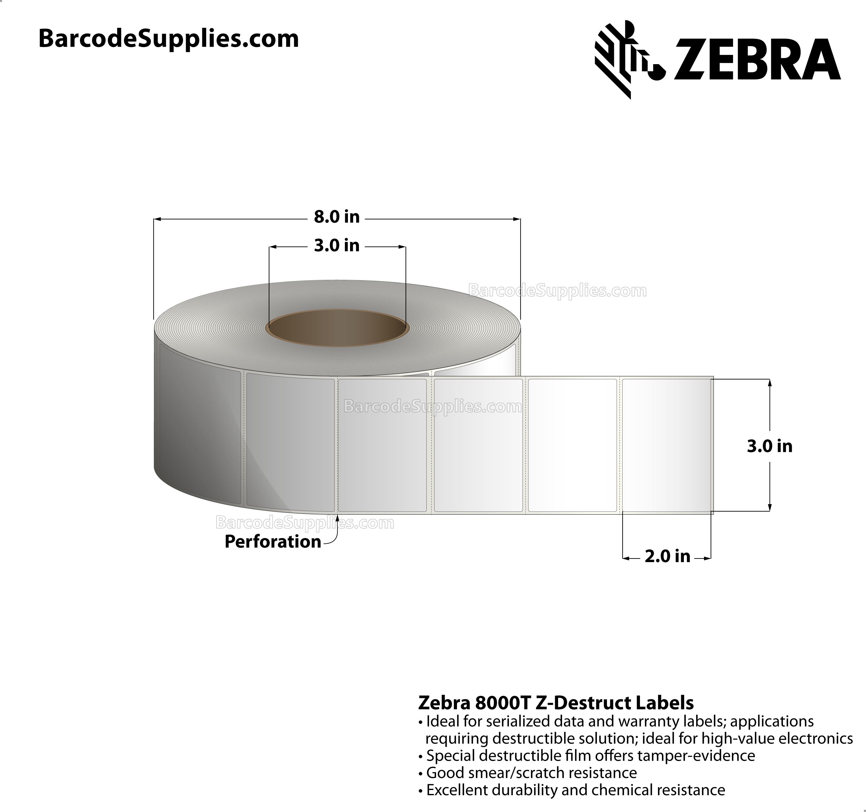 3 x 2 Thermal Transfer White 8000T Z-Destruct Labels With Tamper-evident Adhesive - Perforated - 1000 Labels Per Roll - Carton Of 1 Rolls - 1000 Labels Total - MPN: 10022929