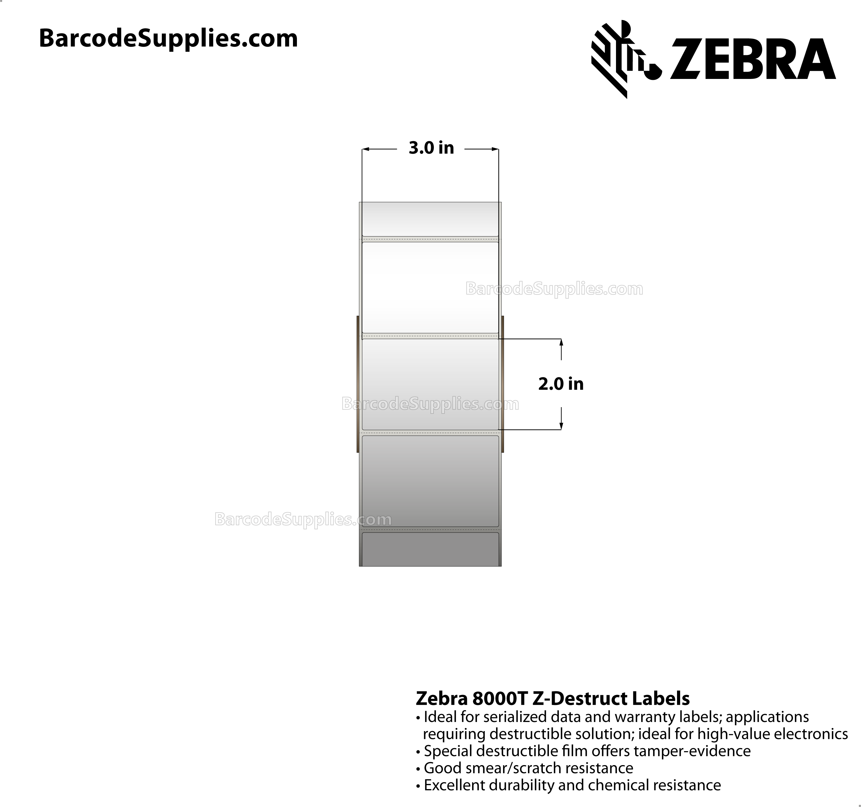 3 x 2 Thermal Transfer White 8000T Z-Destruct Labels With Tamper-evident Adhesive - Perforated - 1000 Labels Per Roll - Carton Of 1 Rolls - 1000 Labels Total - MPN: 10022929