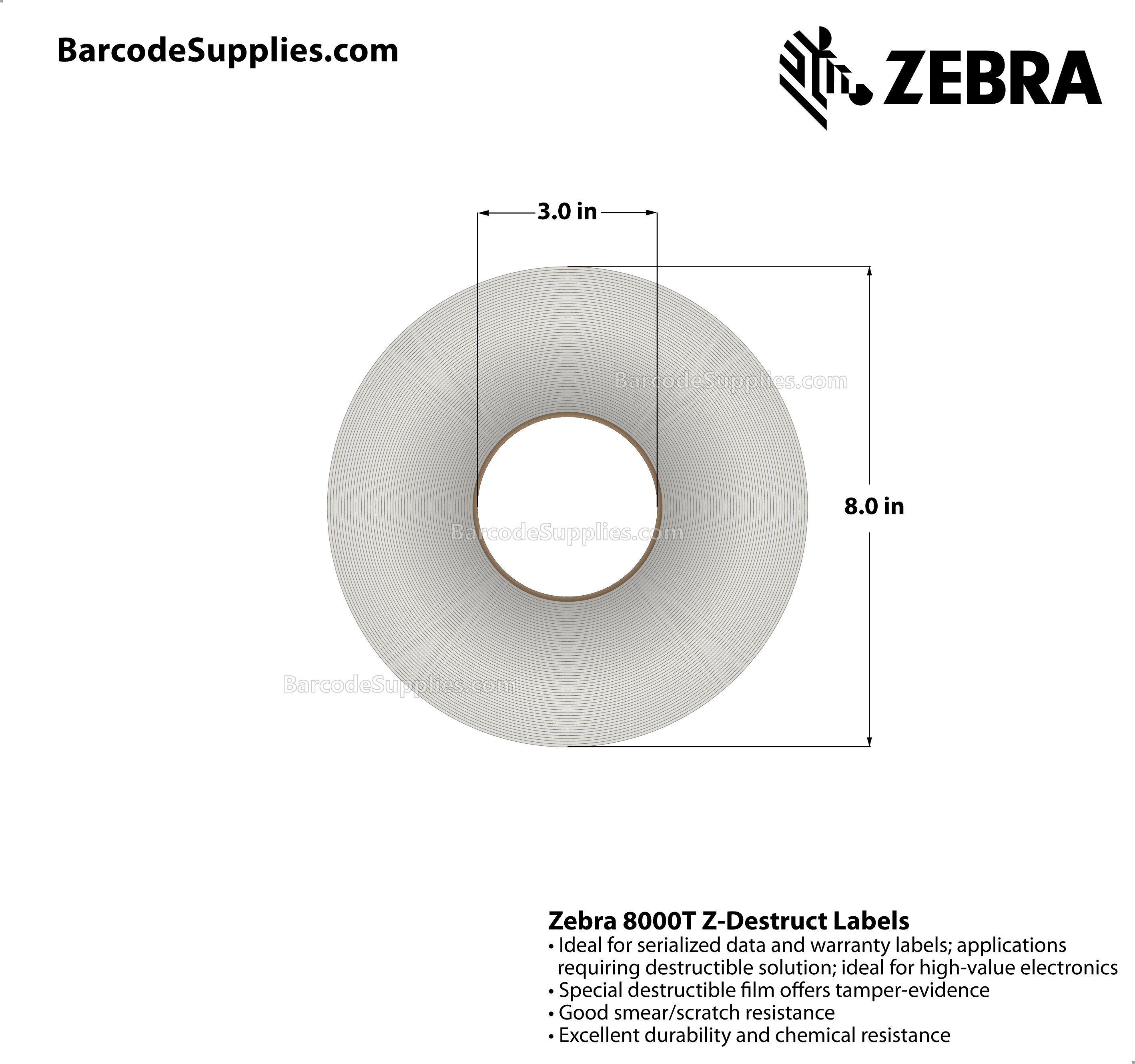 3 x 2 Thermal Transfer White 8000T Z-Destruct Labels With Tamper-evident Adhesive - Perforated - 1000 Labels Per Roll - Carton Of 1 Rolls - 1000 Labels Total - MPN: 10022929