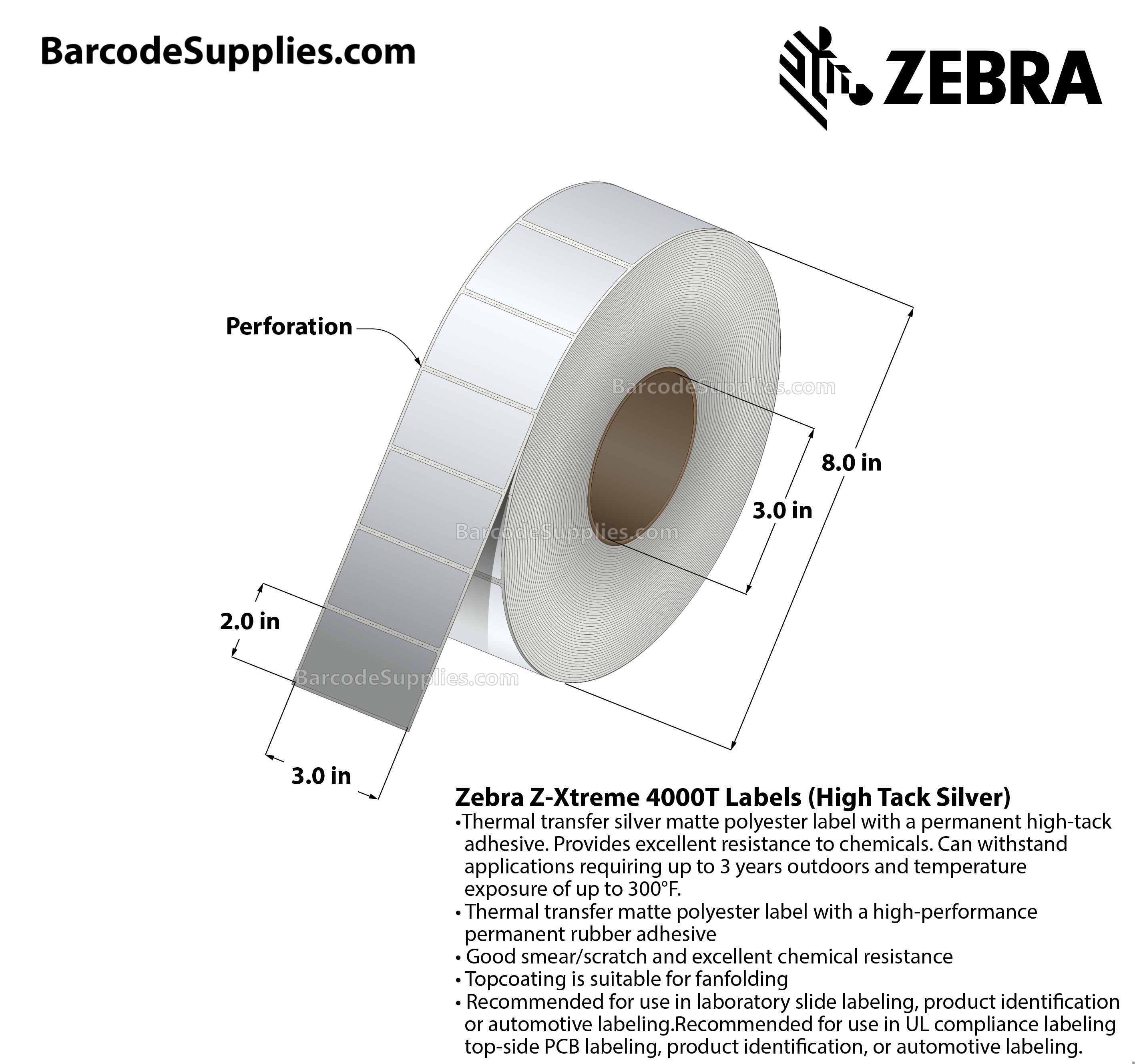 3 x 2 Thermal Transfer Silver Z-Xtreme 4000T High-Tack Silver Labels With High-tack Adhesive - Perforated - 1000 Labels Per Roll - Carton Of 1 Rolls - 1000 Labels Total - MPN: 10023180