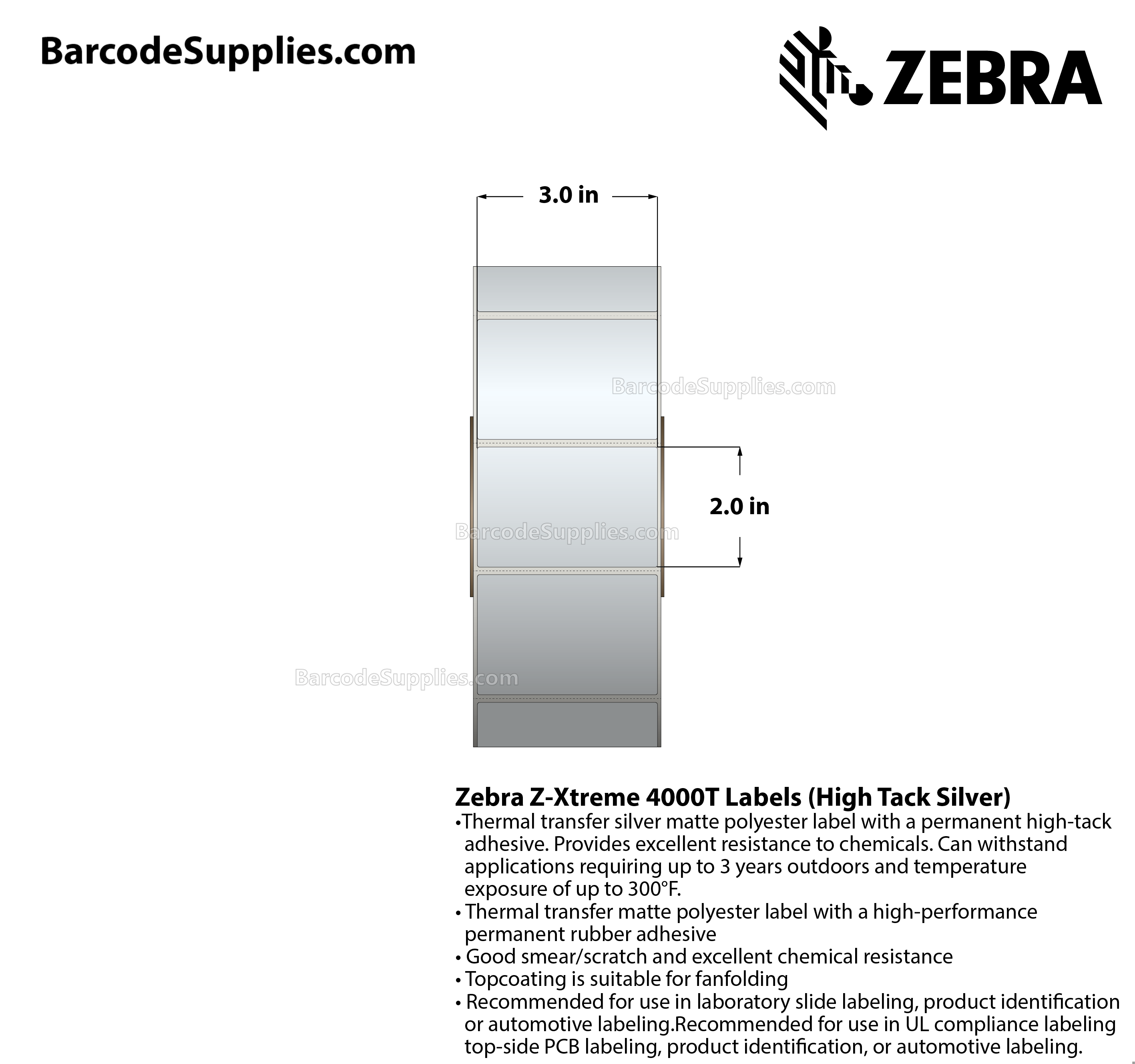 3 x 2 Thermal Transfer Silver Z-Xtreme 4000T High-Tack Silver Labels With High-tack Adhesive - Perforated - 1000 Labels Per Roll - Carton Of 1 Rolls - 1000 Labels Total - MPN: 10023180