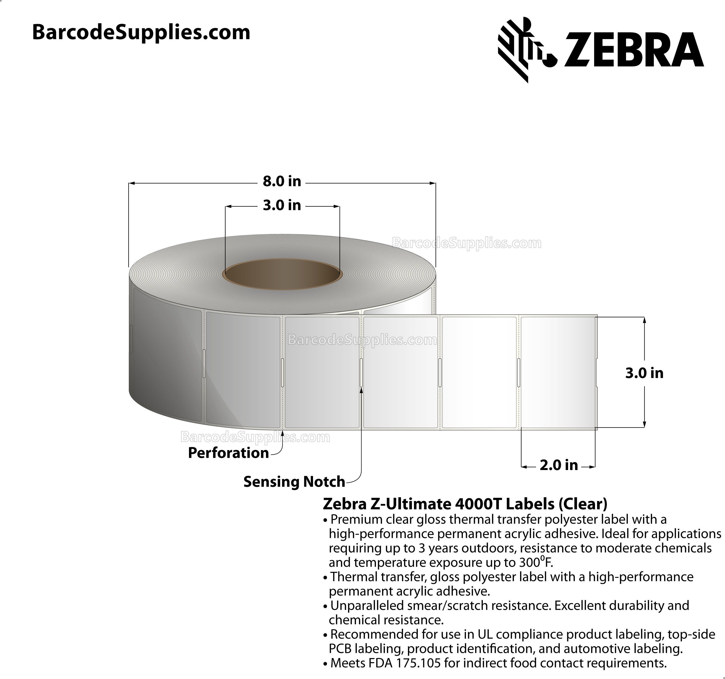 3 x 2 Thermal Transfer Clear Z-Ultimate 4000T Clear Labels With Permanent Adhesive - Notch sensing - Perforated - 1000 Labels Per Roll - Carton Of 1 Rolls - 1000 Labels Total - MPN: 10023048
