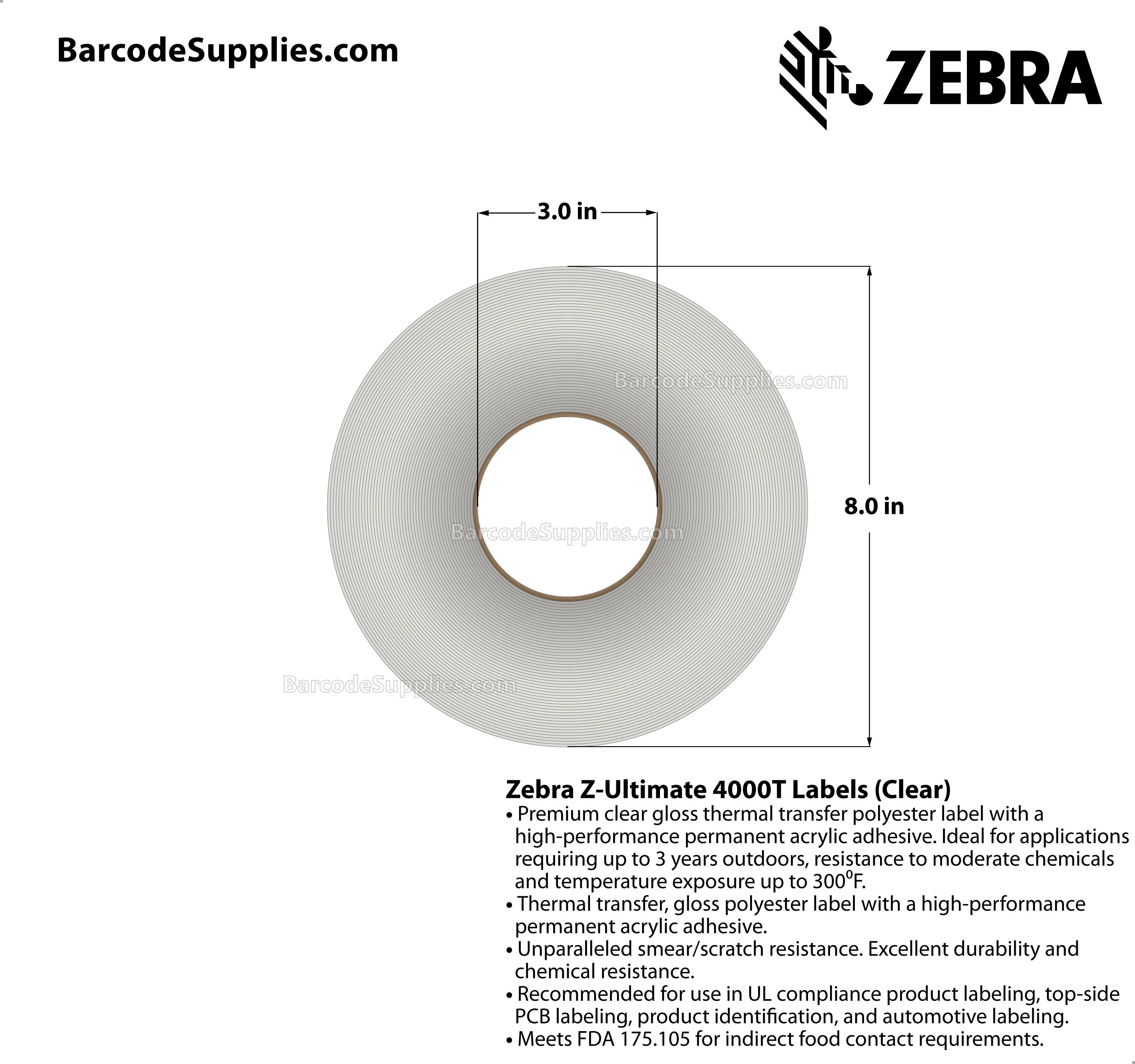 3 x 2 Thermal Transfer Clear Z-Ultimate 4000T Clear Labels With Permanent Adhesive - Notch sensing - Perforated - 1000 Labels Per Roll - Carton Of 1 Rolls - 1000 Labels Total - MPN: 10023048