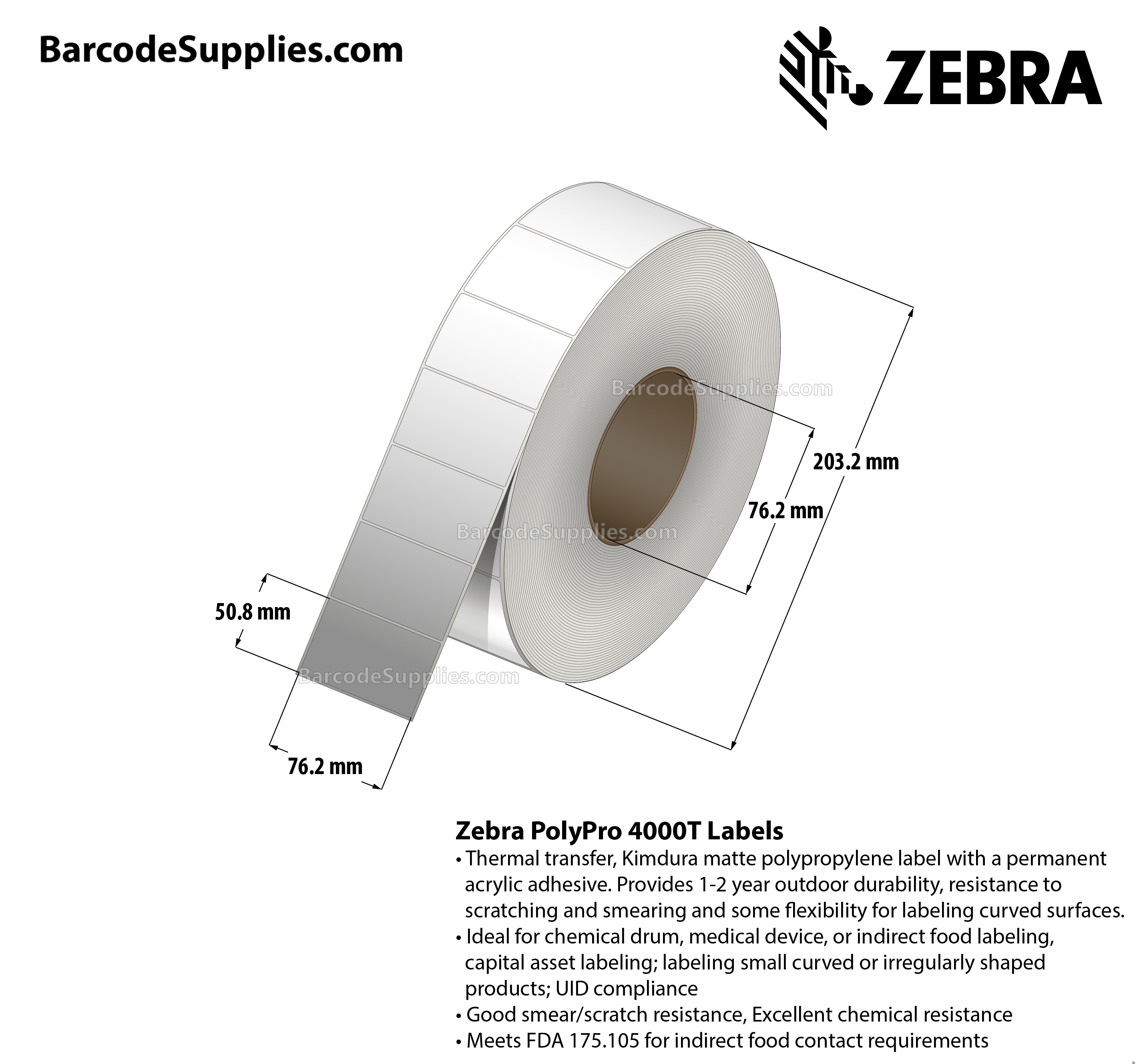 3 x 2 Thermal Transfer White PolyPro 4000T Labels With Permanent Adhesive - Not Perforated - 2230 Labels Per Roll - Carton Of 4 Rolls - 8920 Labels Total - MPN: 10011689