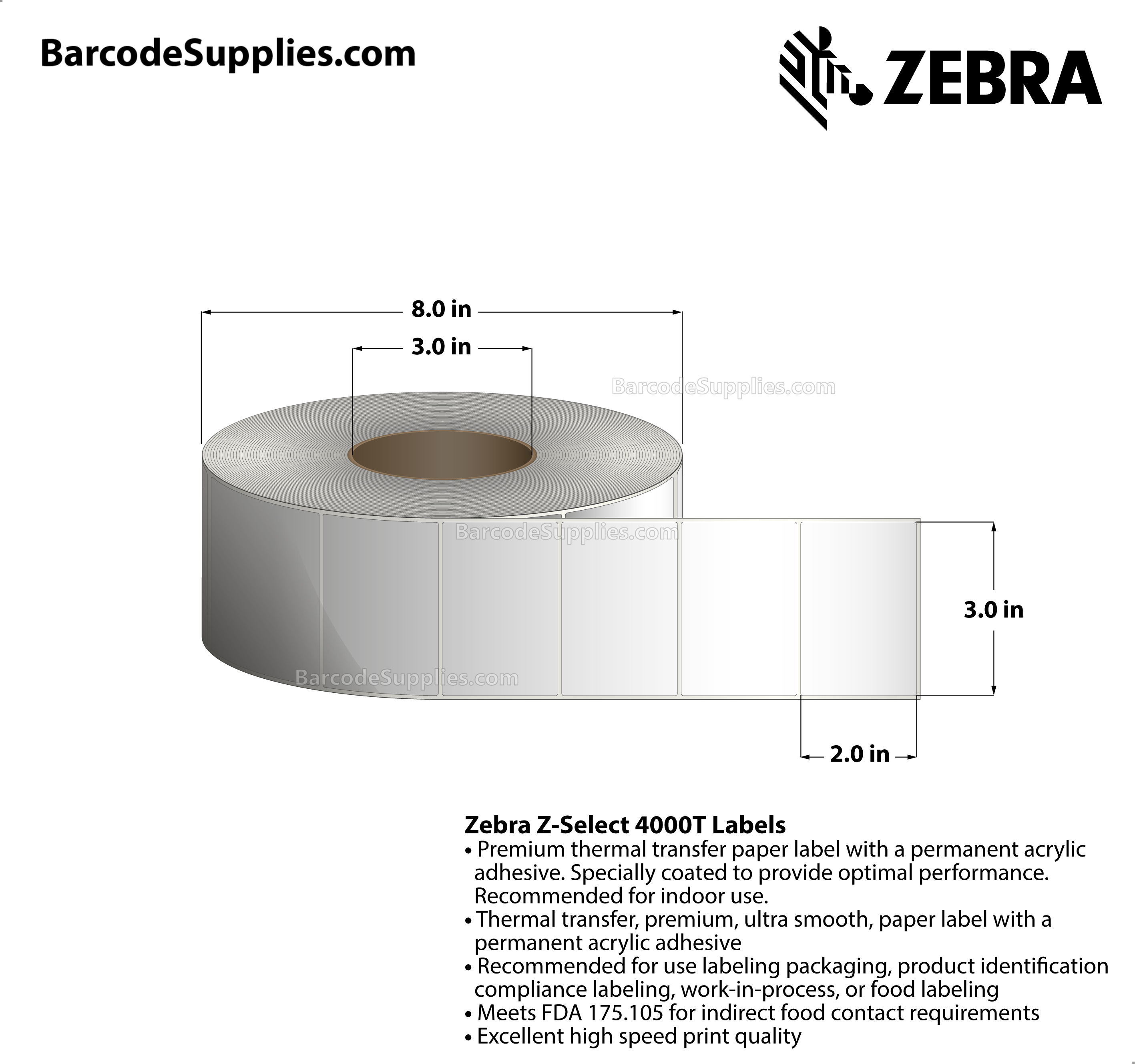 3 x 2 Thermal Transfer White Z-Select 4000T Labels With Permanent Adhesive - Not Perforated - 2740 Labels Per Roll - Carton Of 6 Rolls - 16440 Labels Total - MPN: 72285