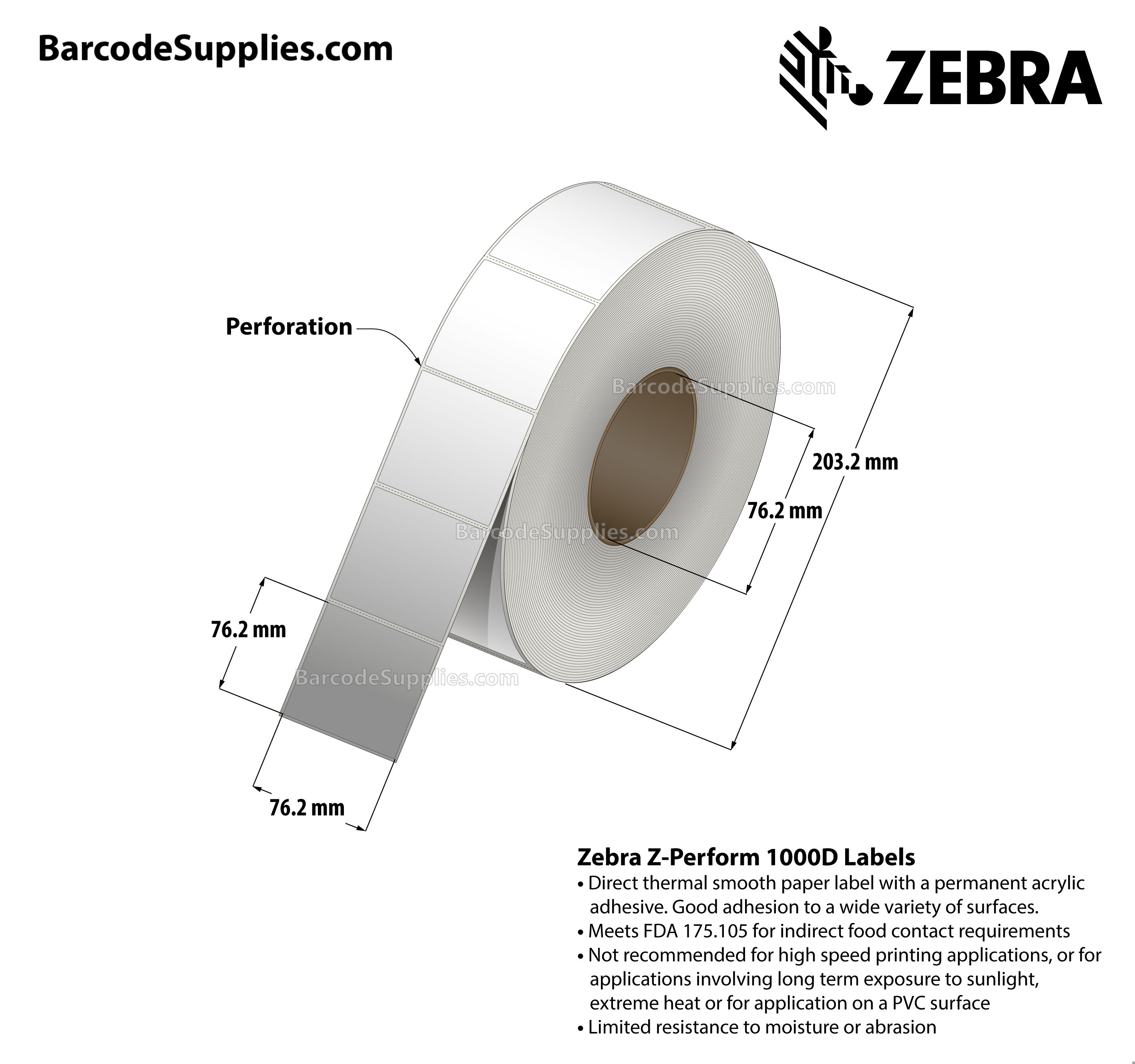 3 x 3 Direct Thermal White Z-Perform 1000D Labels With Permanent Adhesive - Perforated - 1880 Labels Per Roll - Carton Of 4 Rolls - 7520 Labels Total - MPN: 10028312