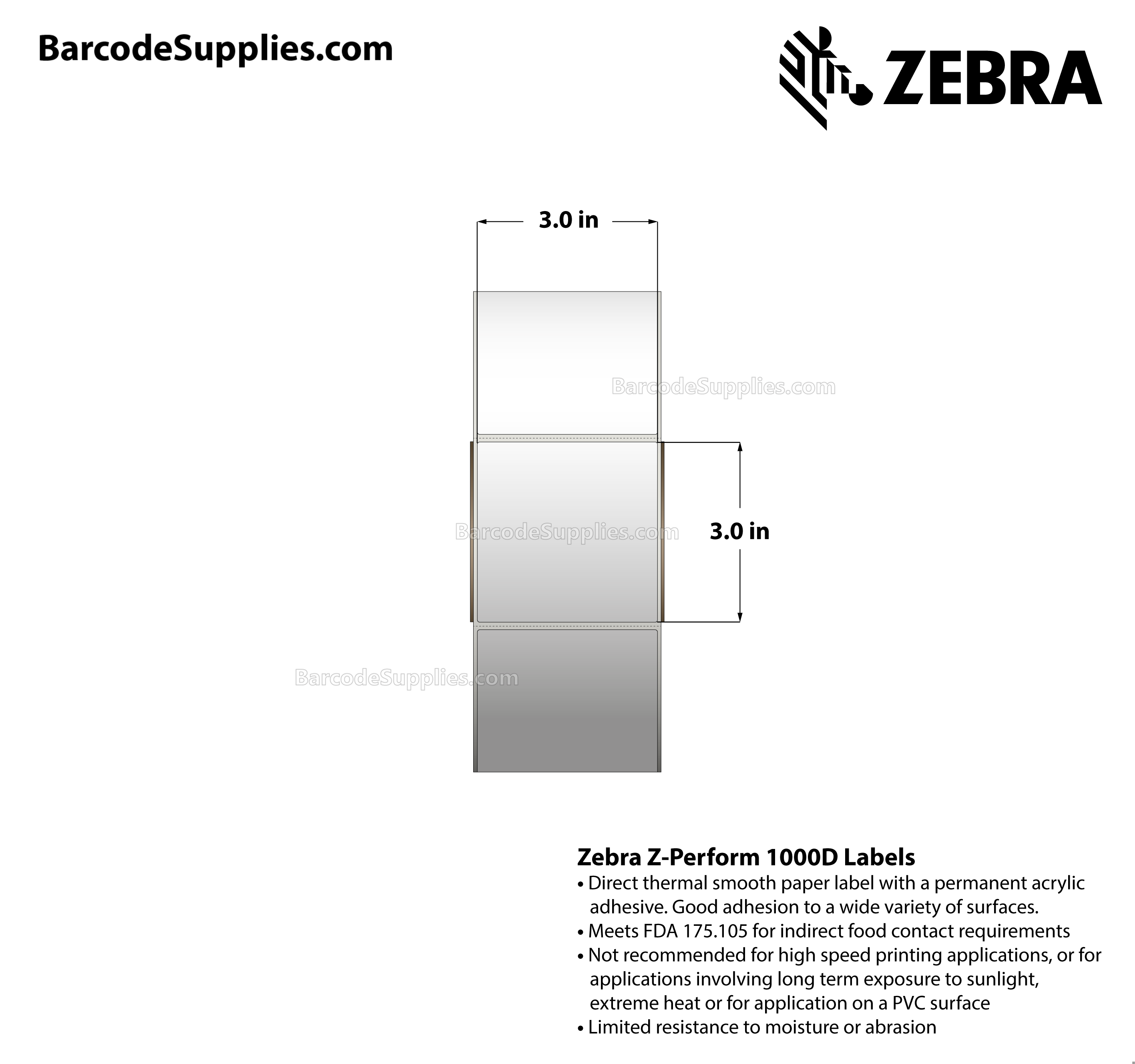 3 x 3 Direct Thermal White Z-Perform 1000D Labels With Permanent Adhesive - Perforated - 1880 Labels Per Roll - Carton Of 4 Rolls - 7520 Labels Total - MPN: 10028312