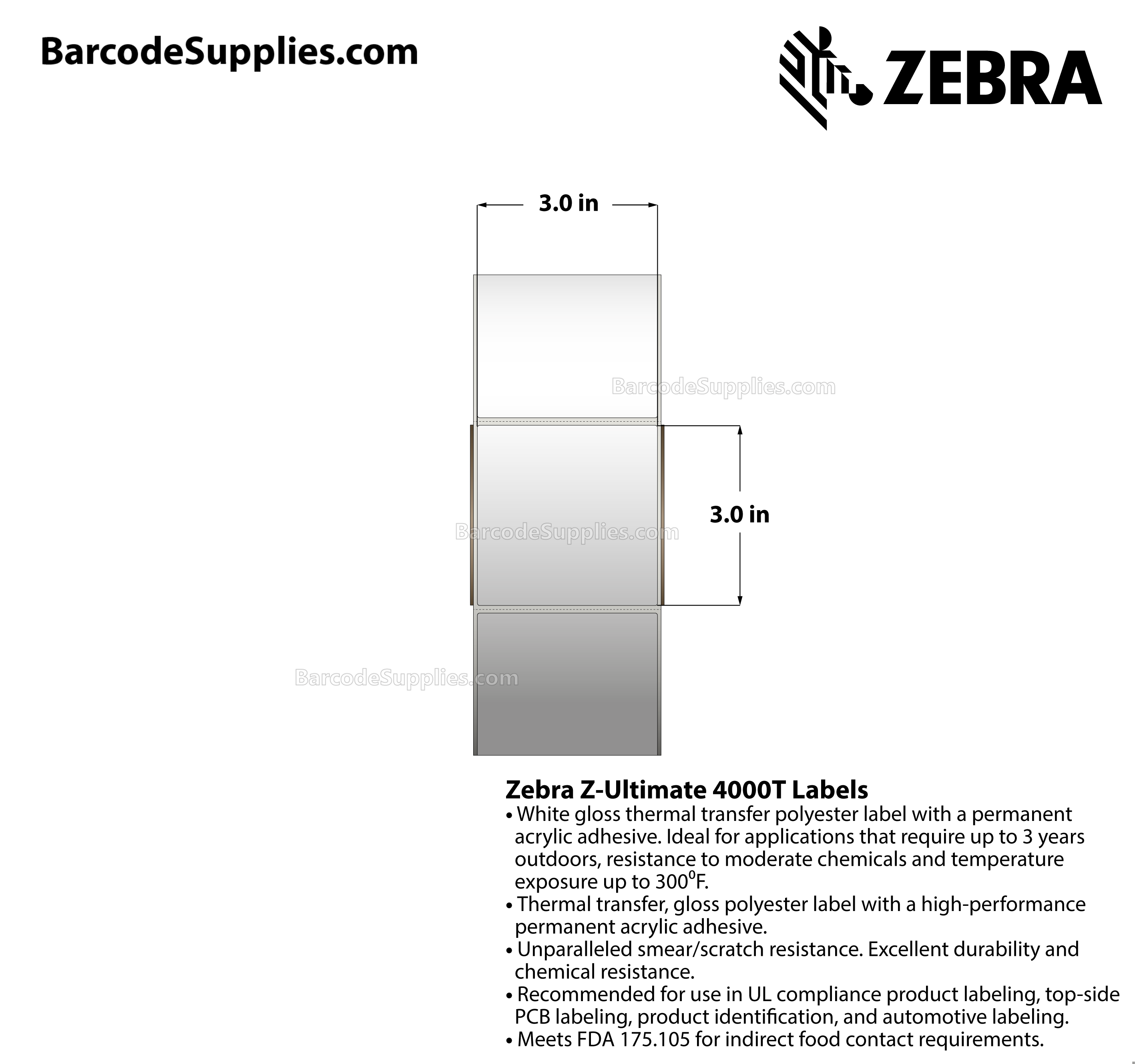 3 x 3 Thermal Transfer White Z-Ultimate 4000T Labels With Permanent Adhesive - Perforated - 1880 Labels Per Roll - Carton Of 4 Rolls - 7520 Labels Total - MPN: 10011710
