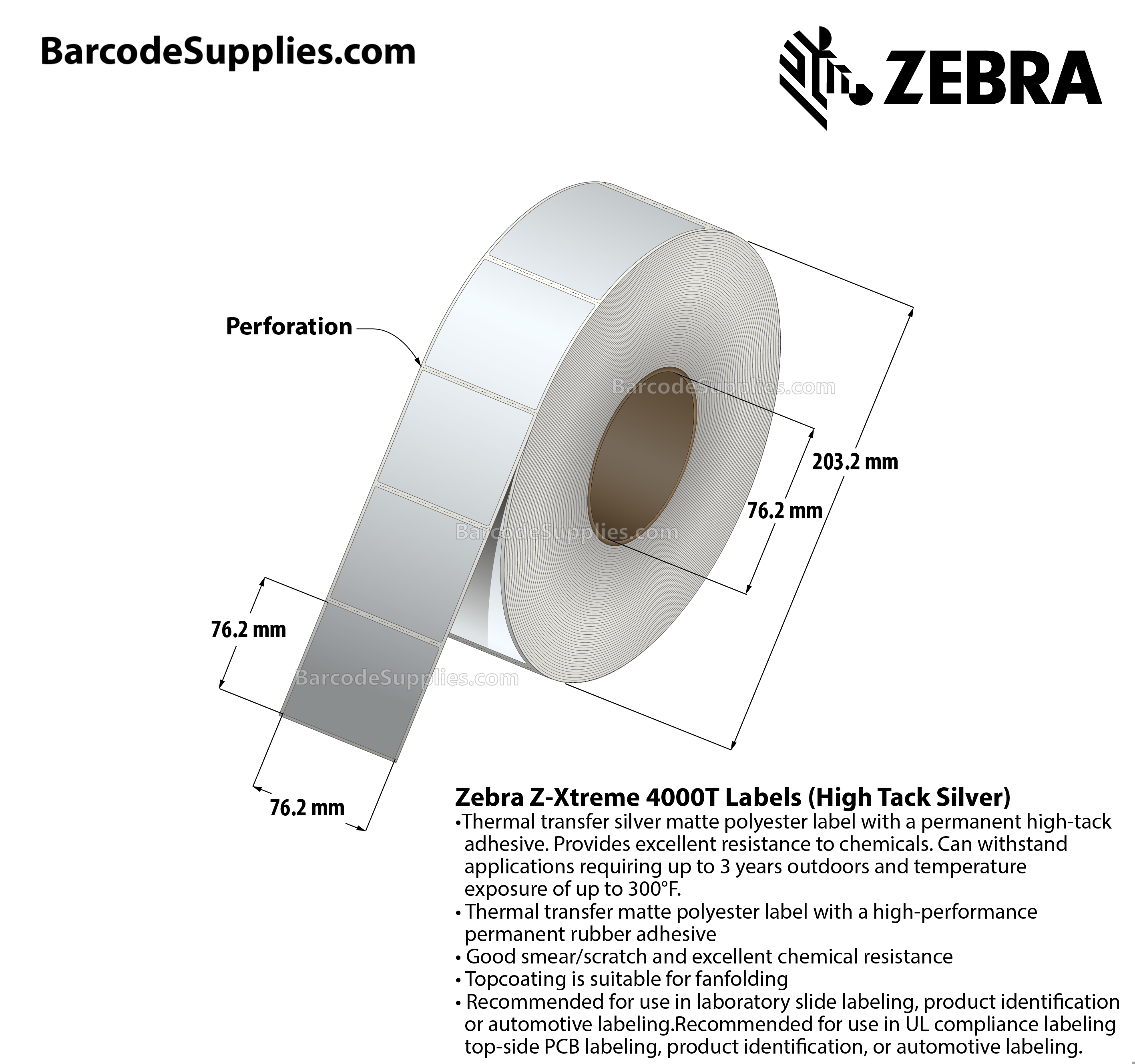 3 x 3 Thermal Transfer Silver Z-Xtreme 4000T High-Tack Silver Labels With High-tack Adhesive - Perforated - 1000 Labels Per Roll - Carton Of 1 Rolls - 1000 Labels Total - MPN: 10023181